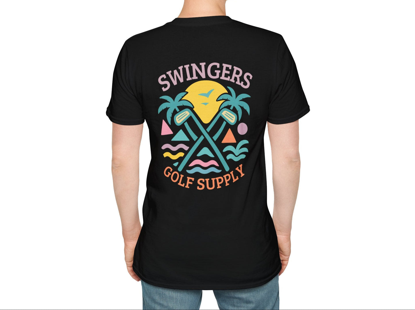 Person wearing a black t-shirt with 'Swingers Golf Supply' design on the back