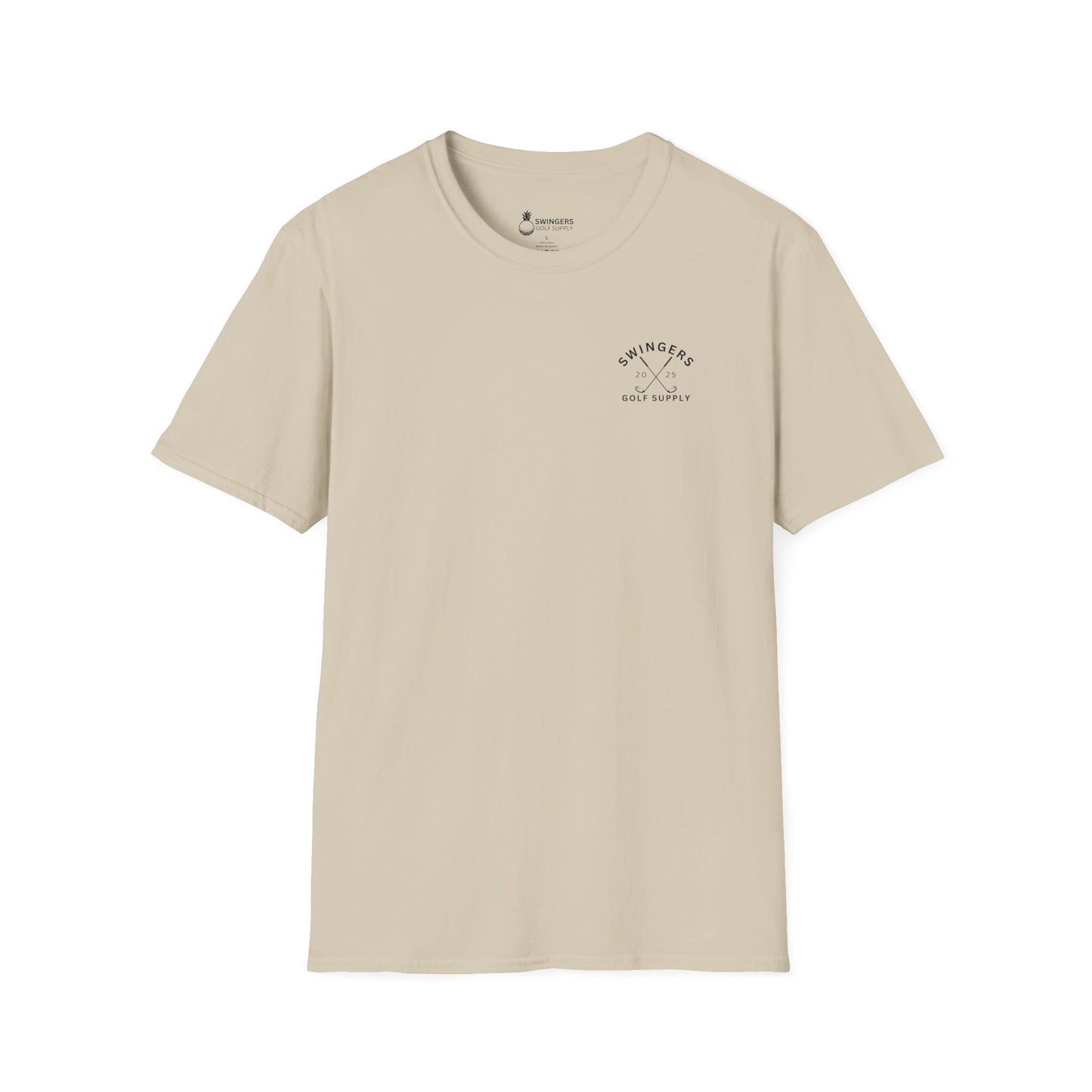 Beige t-shirt with a logo on a white background