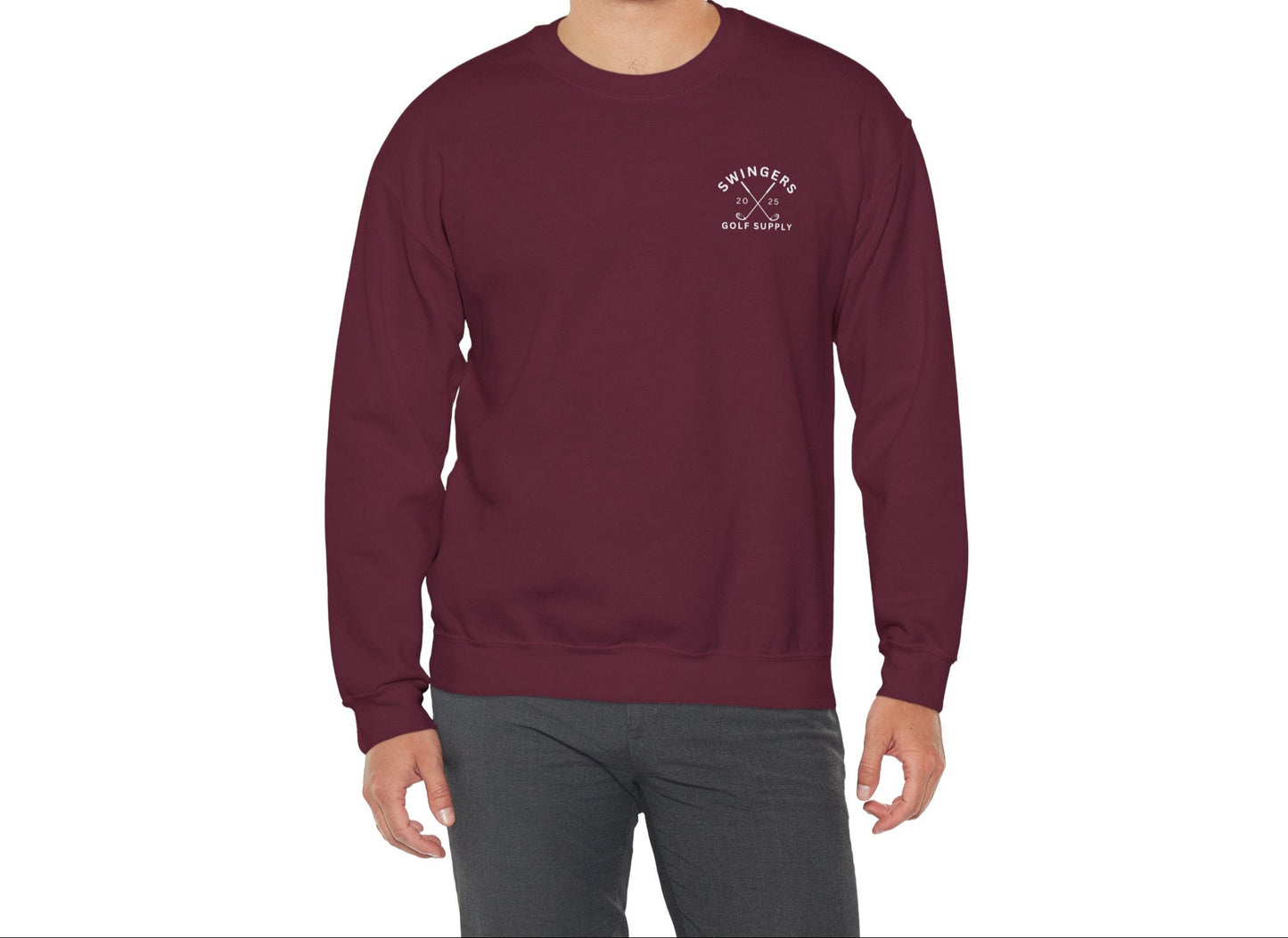 Man wearing a maroon sweatshirt with a logo on a white background