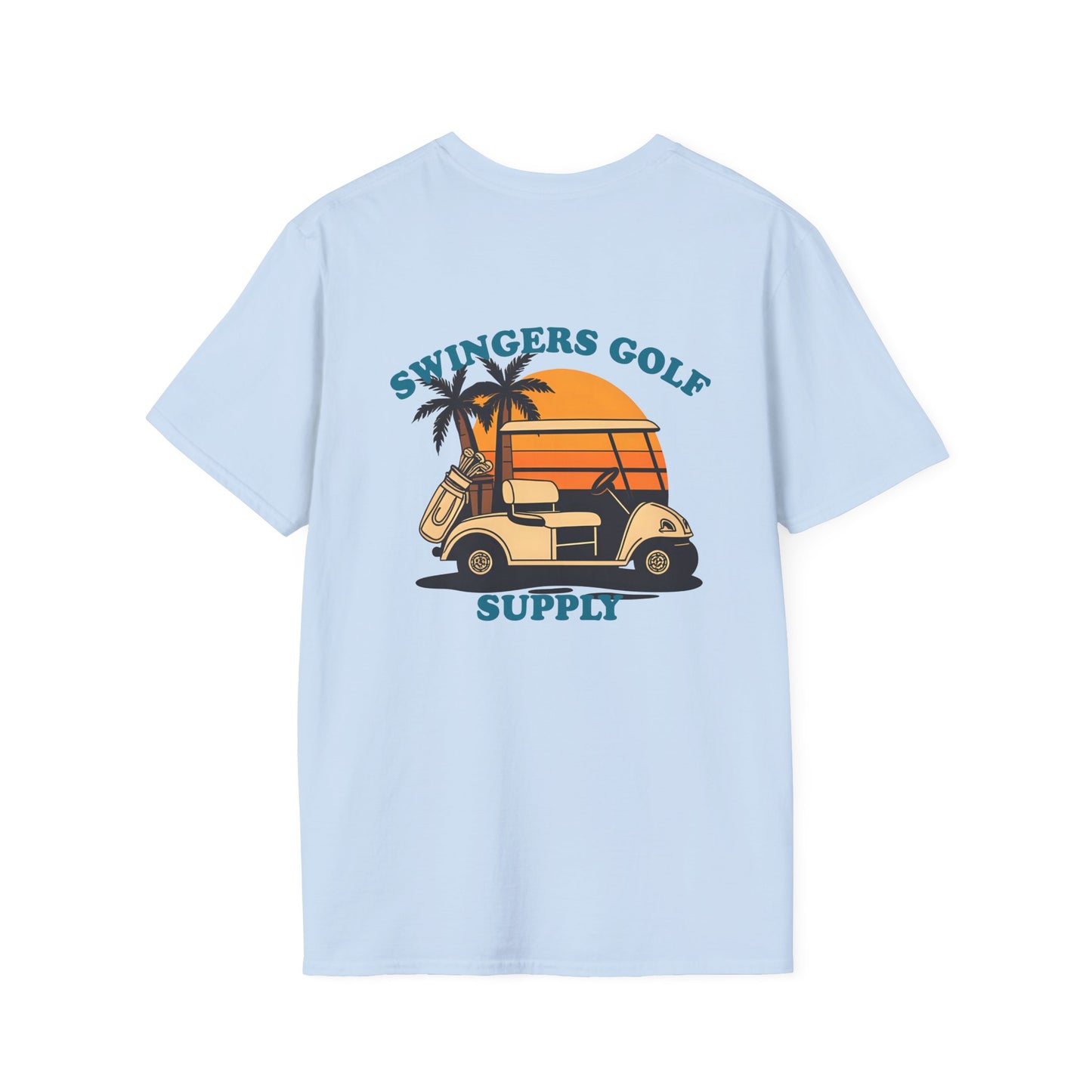 Light blue t-shirt with a graphic of a golf cart and palm trees on the back, on a white background.