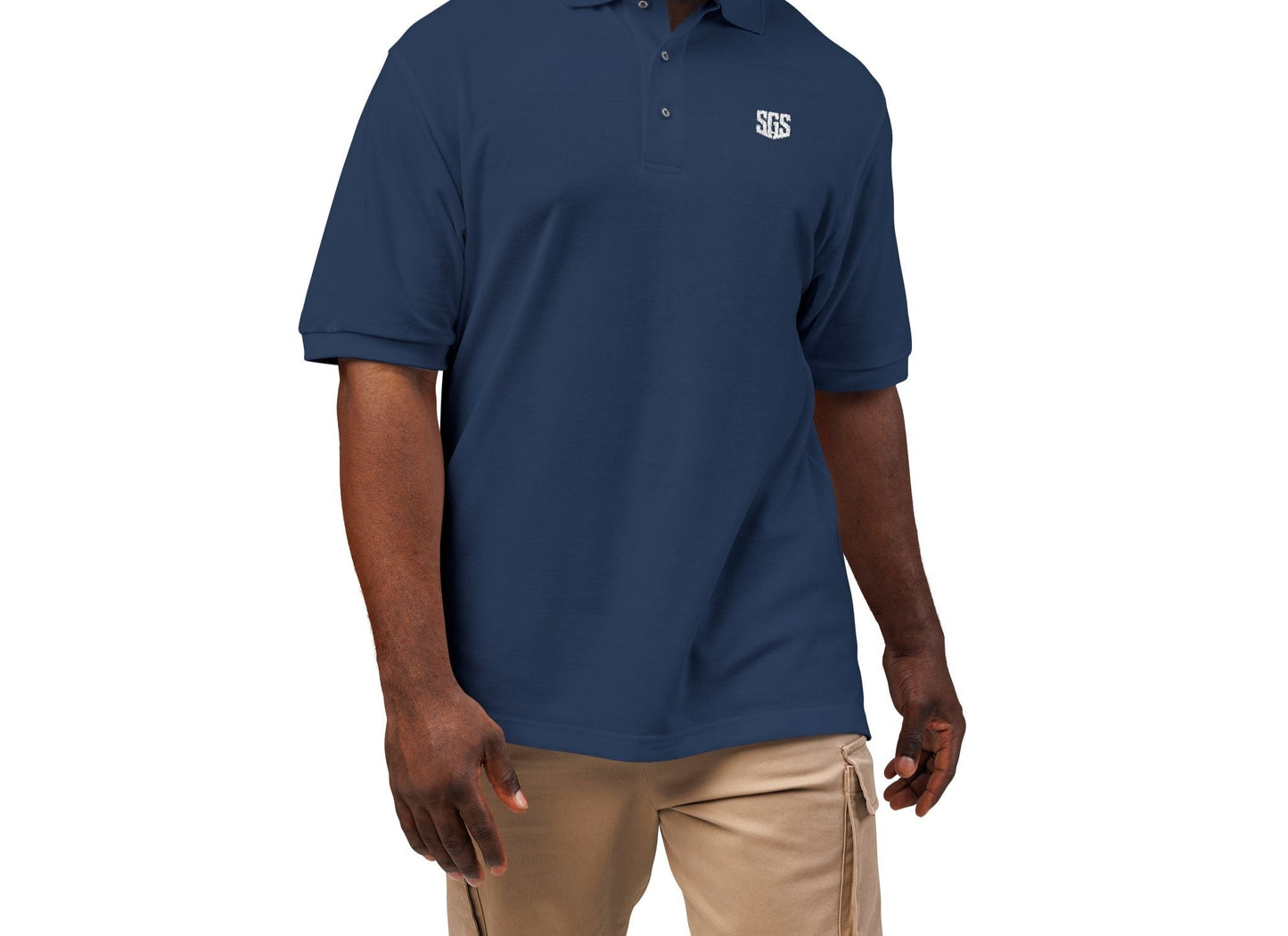 Navy blue polo shirt with a logo on a white background