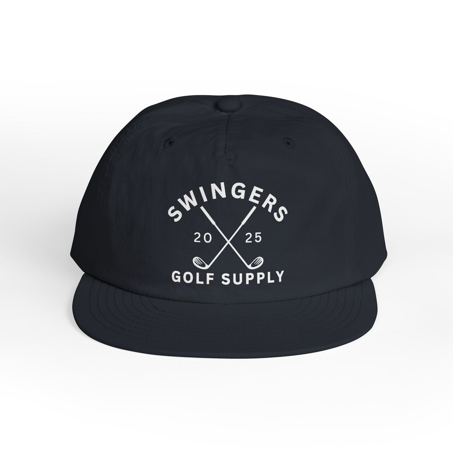 Black cap with 'Swingers Golf Supply' text and design on a white background