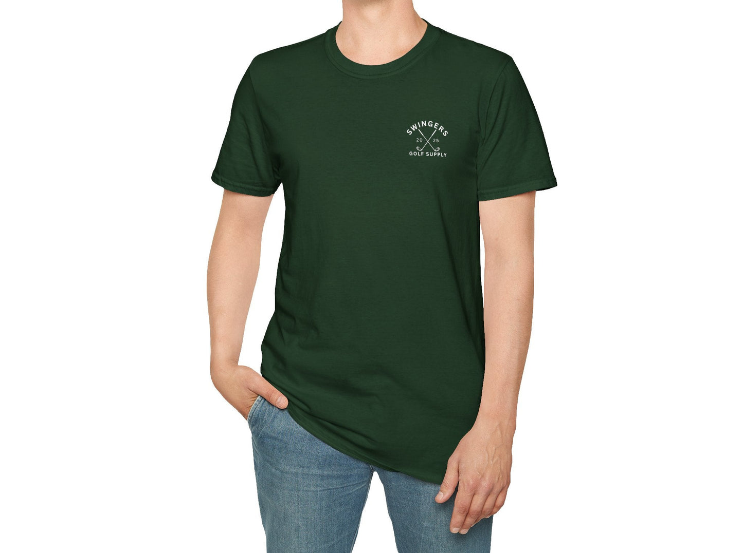 Man wearing a green t-shirt with a logo on a white background