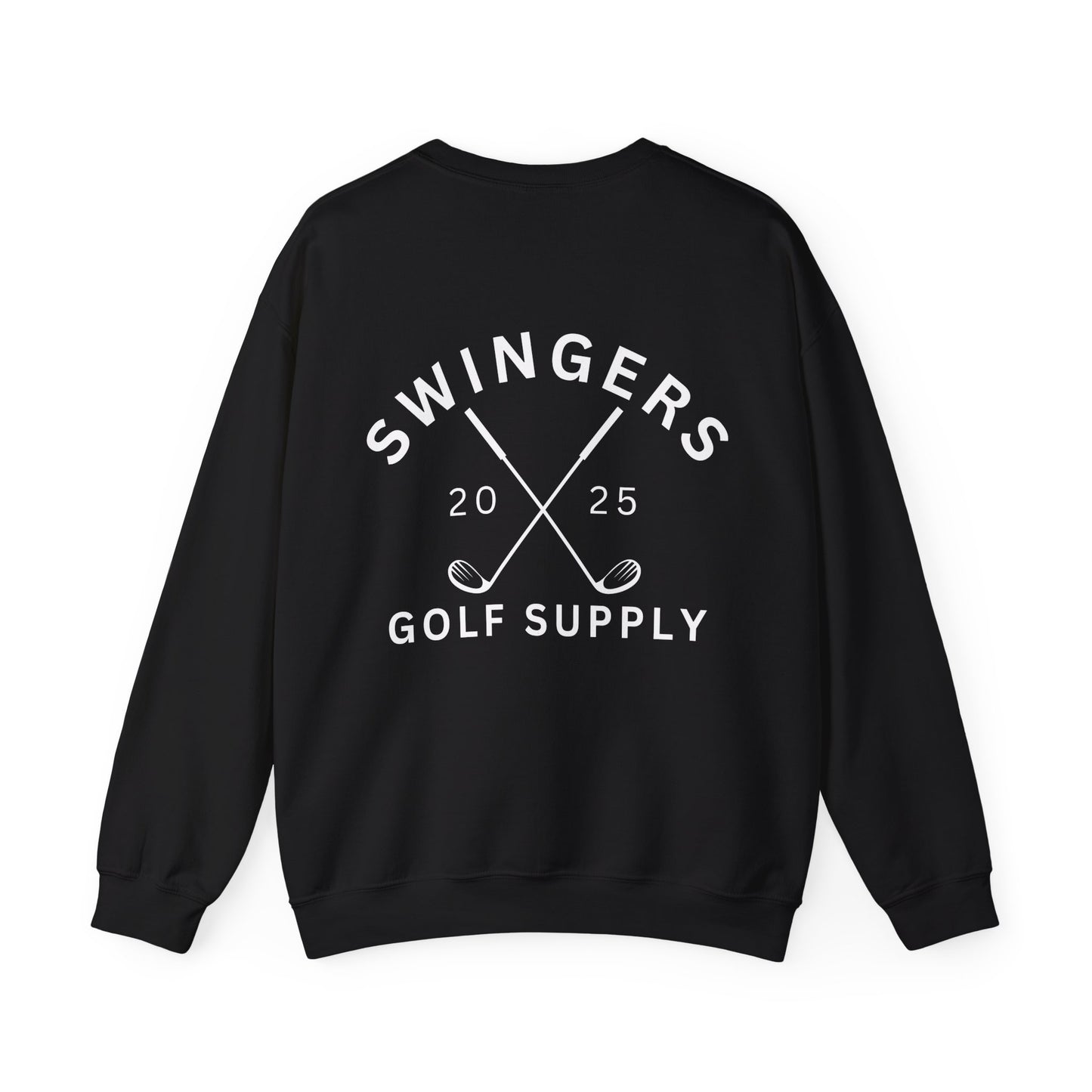 Black sweatshirt with 'Swingers Golf Supply' text and design on a white background