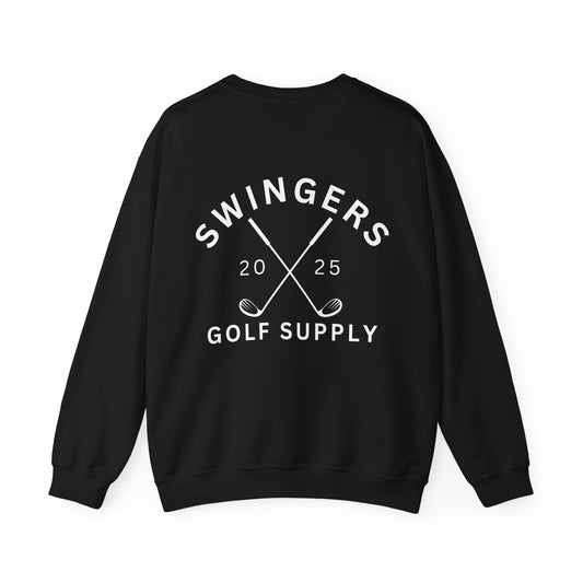 Black sweatshirt with 'Swingers Golf Supply' text and design on a white background