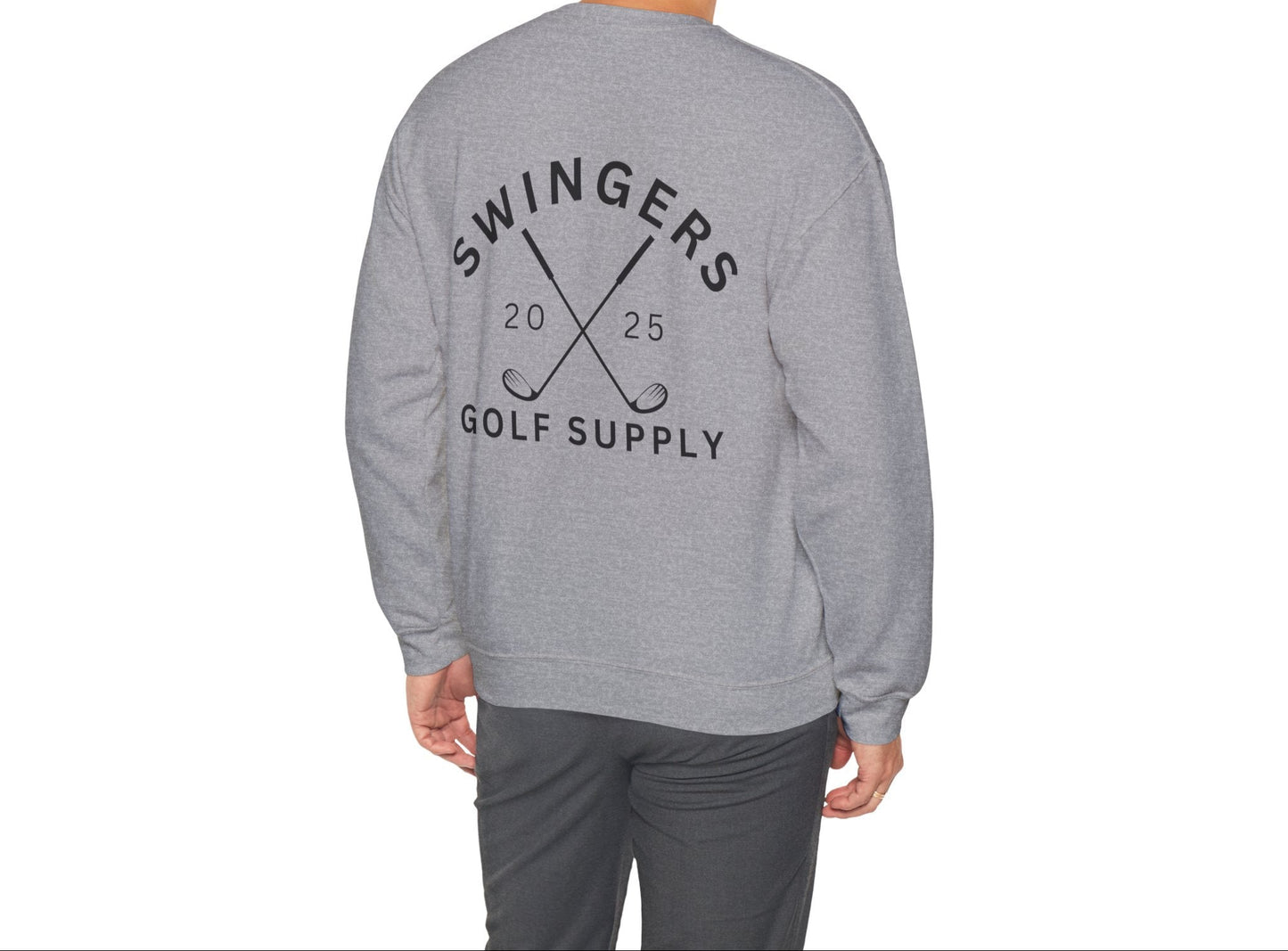 Person wearing a gray sweatshirt with 'Swingers Golf Supply' text on the back, standing against a white background.