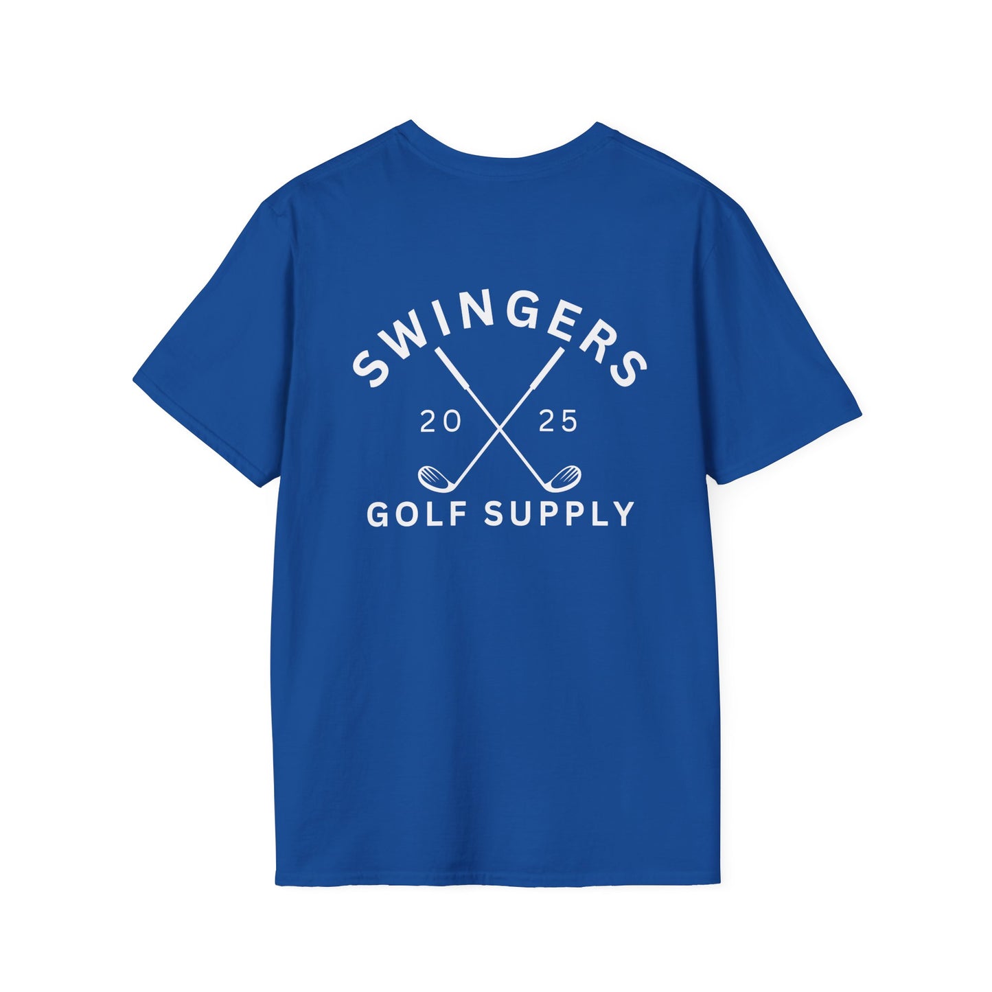 Blue t-shirt with 'Swingers Golf Supply' text and design on a white background