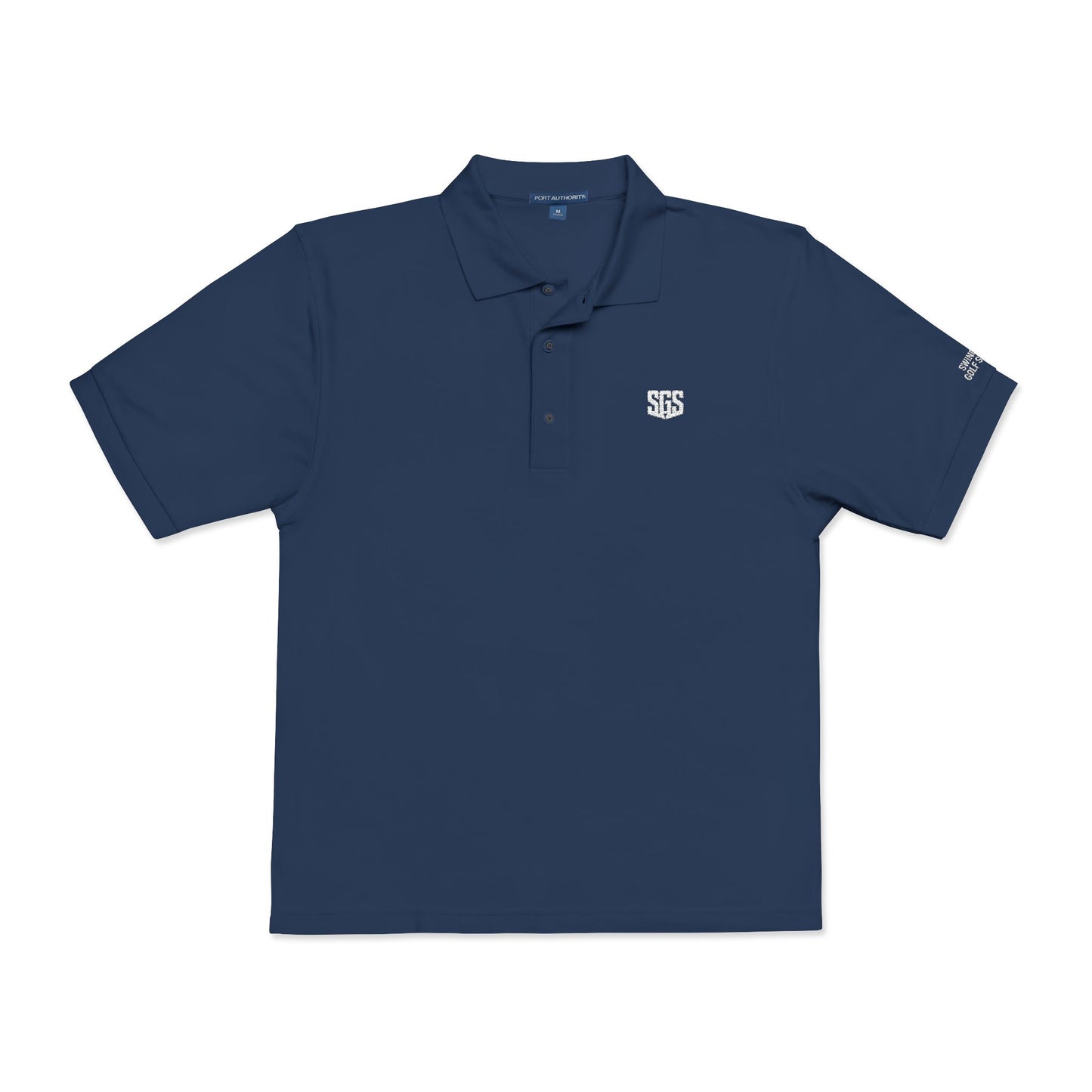 Navy blue polo shirt with a logo on a white background