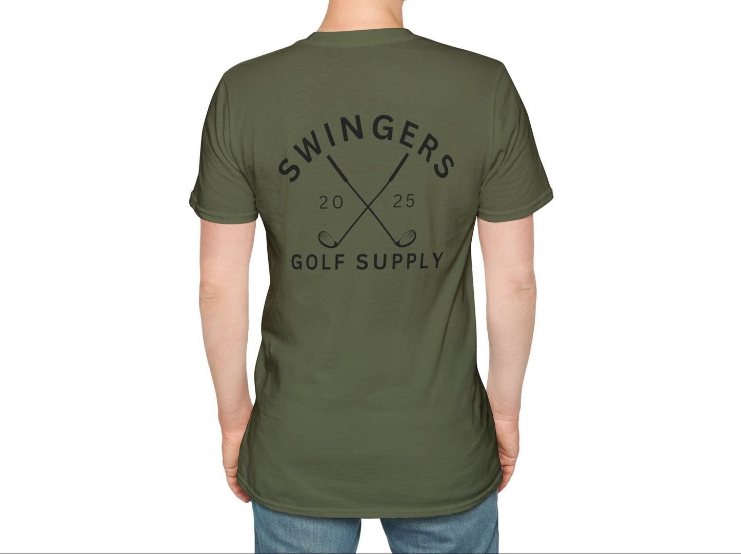 Person wearing a green t-shirt with 'Swingers Golf Supply' text on the back, standing against a white background.