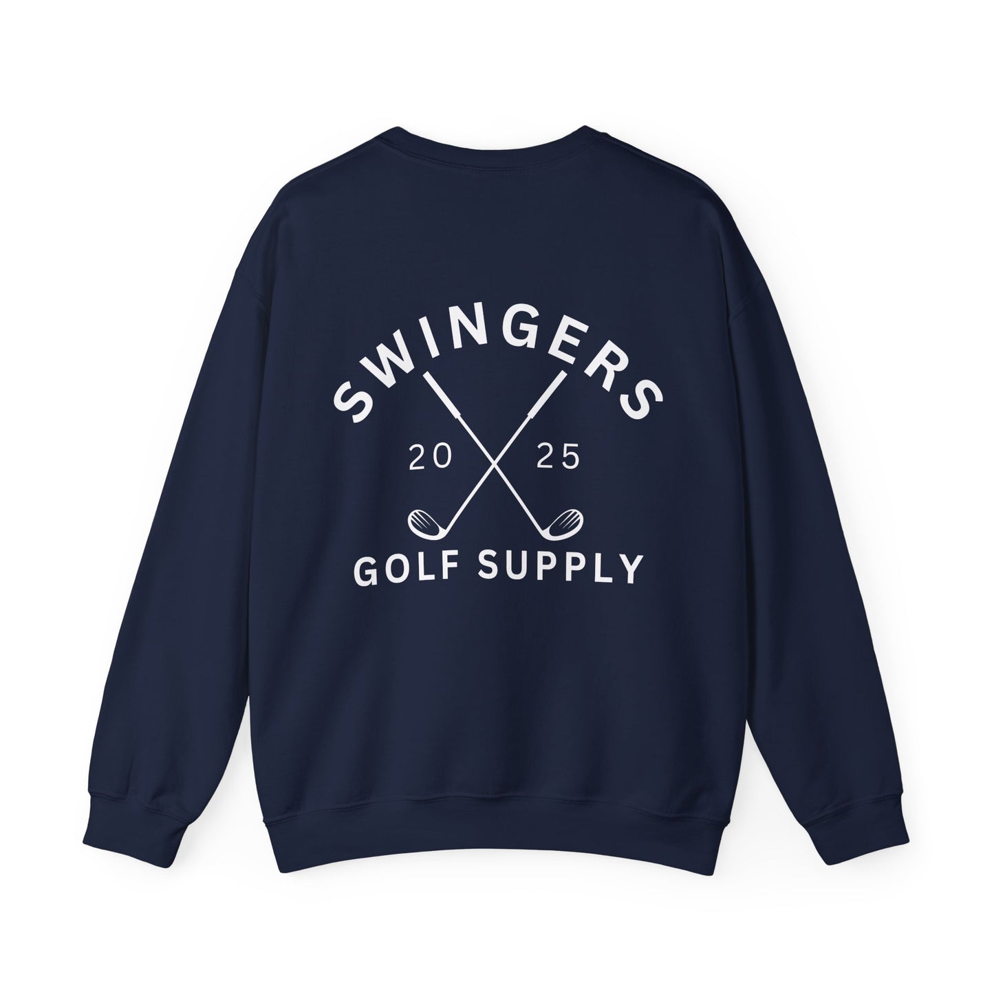 Navy blue sweatshirt with 'Swingers Golf Supply' text and design on a white background