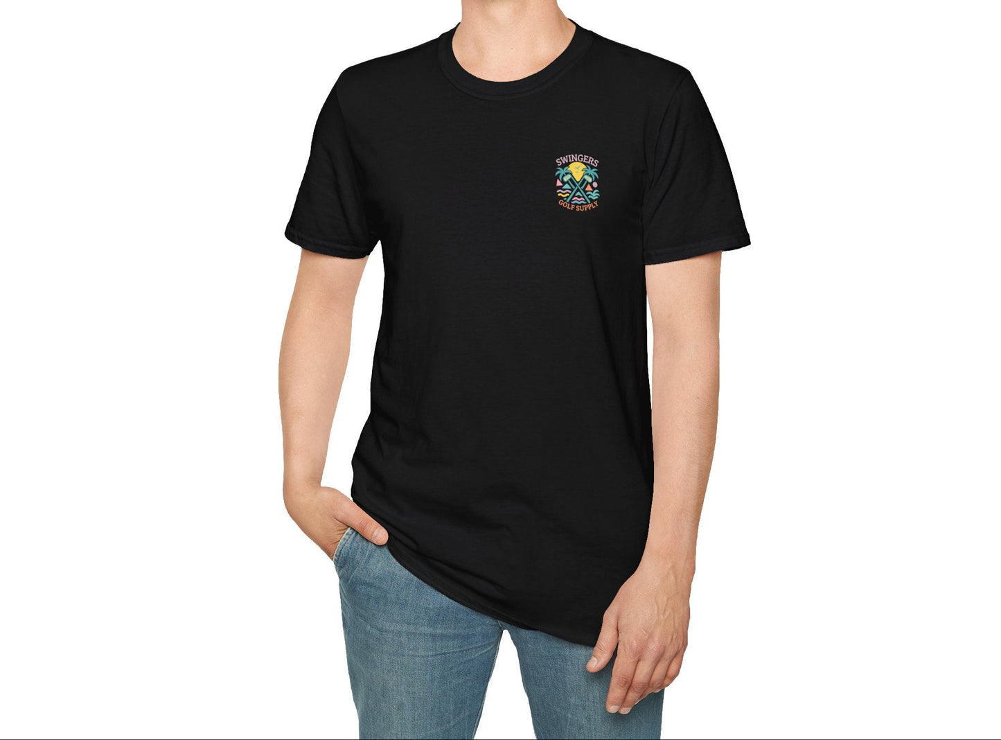 Person wearing a black t-shirt with a colorful logo on a white background