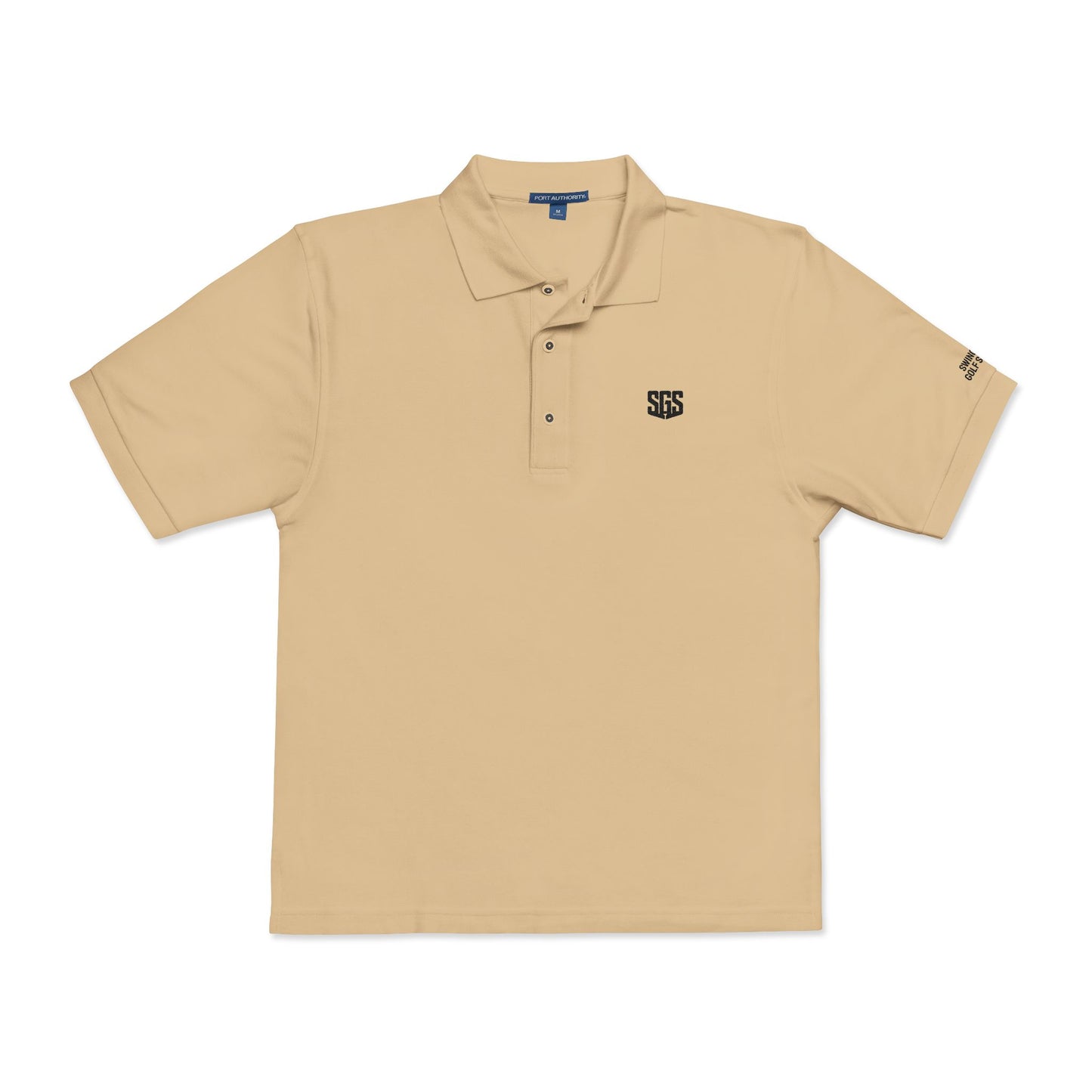 Beige polo shirt with a logo on a white background
