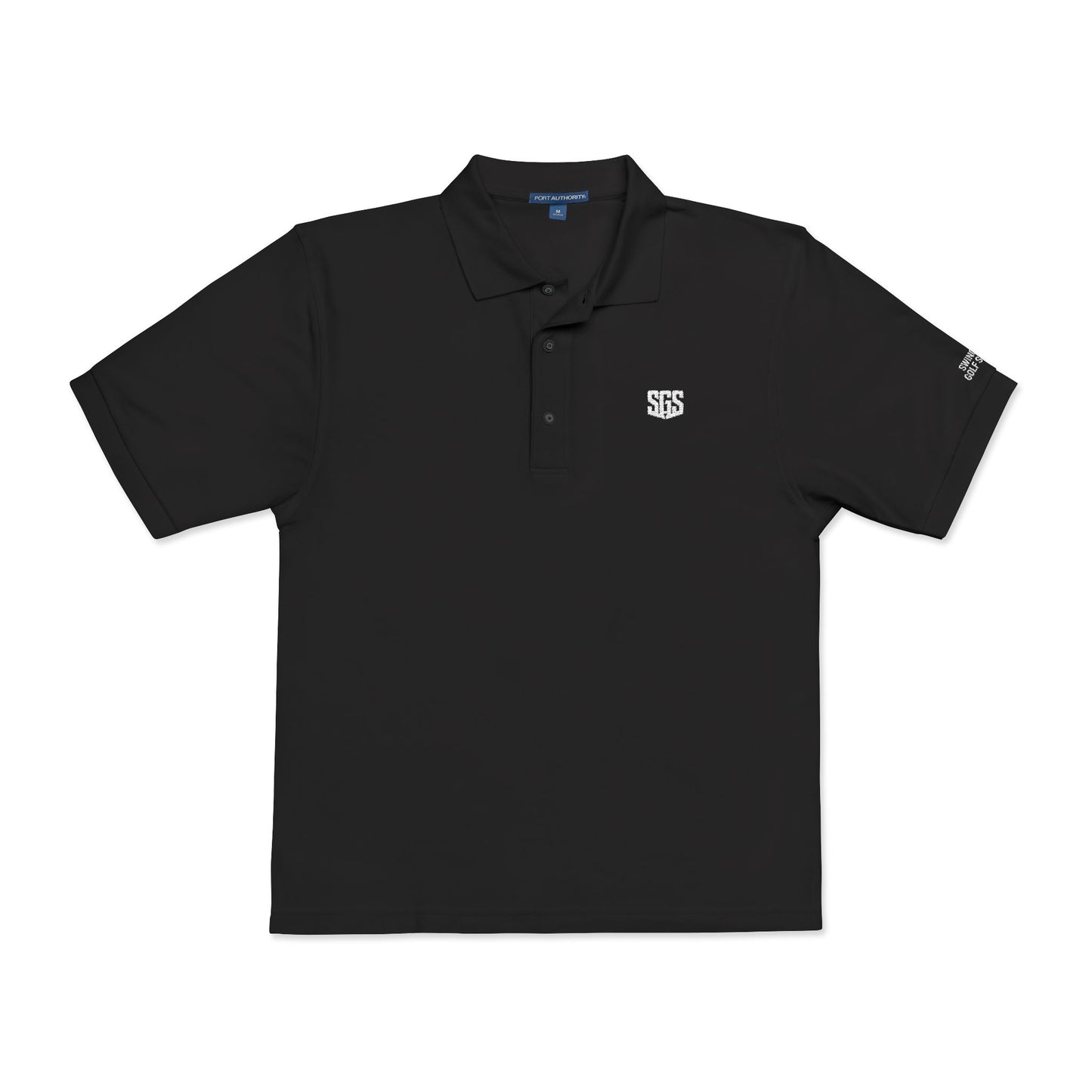 Black polo shirt with a logo on a white background