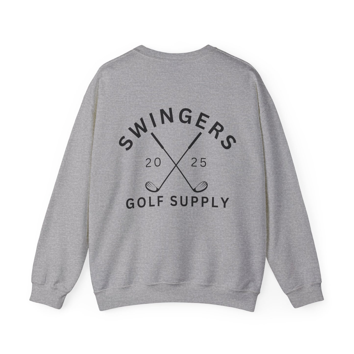 Gray sweatshirt with 'Swingers Golf Supply' text and golf club graphics on a white background