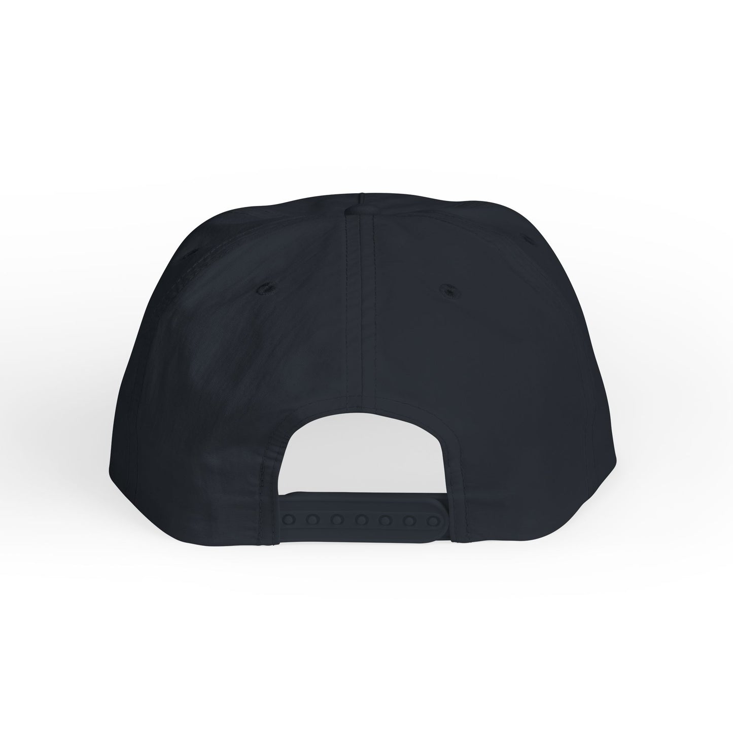 Black cap with a white patch on a white background