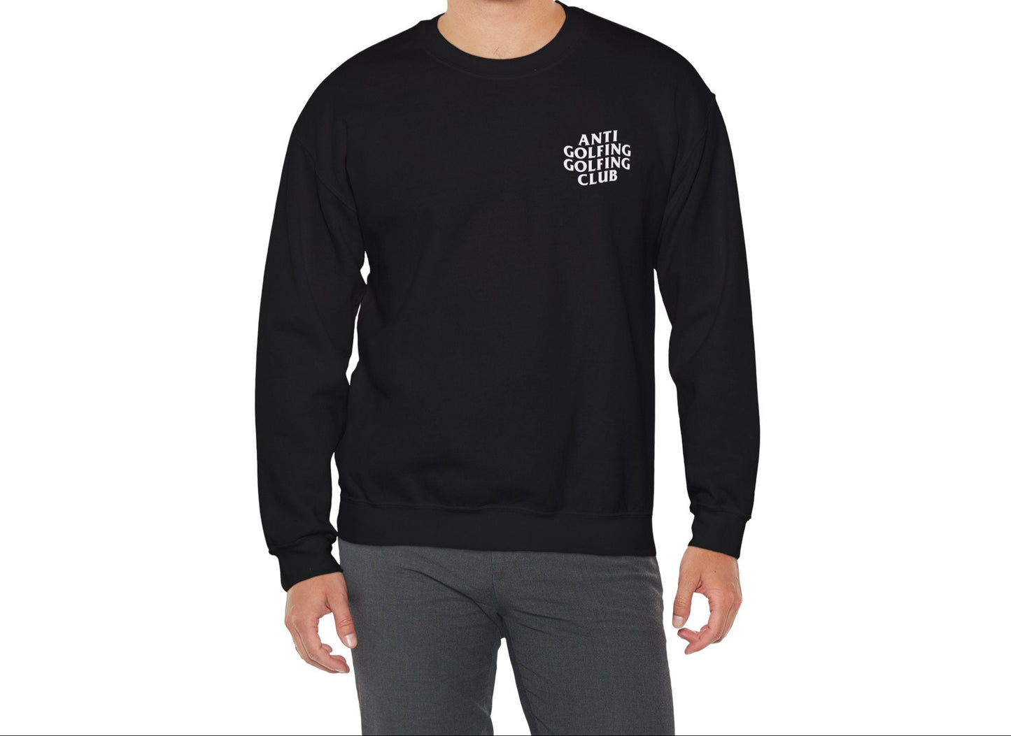 Man wearing a black sweatshirt with text on a white background