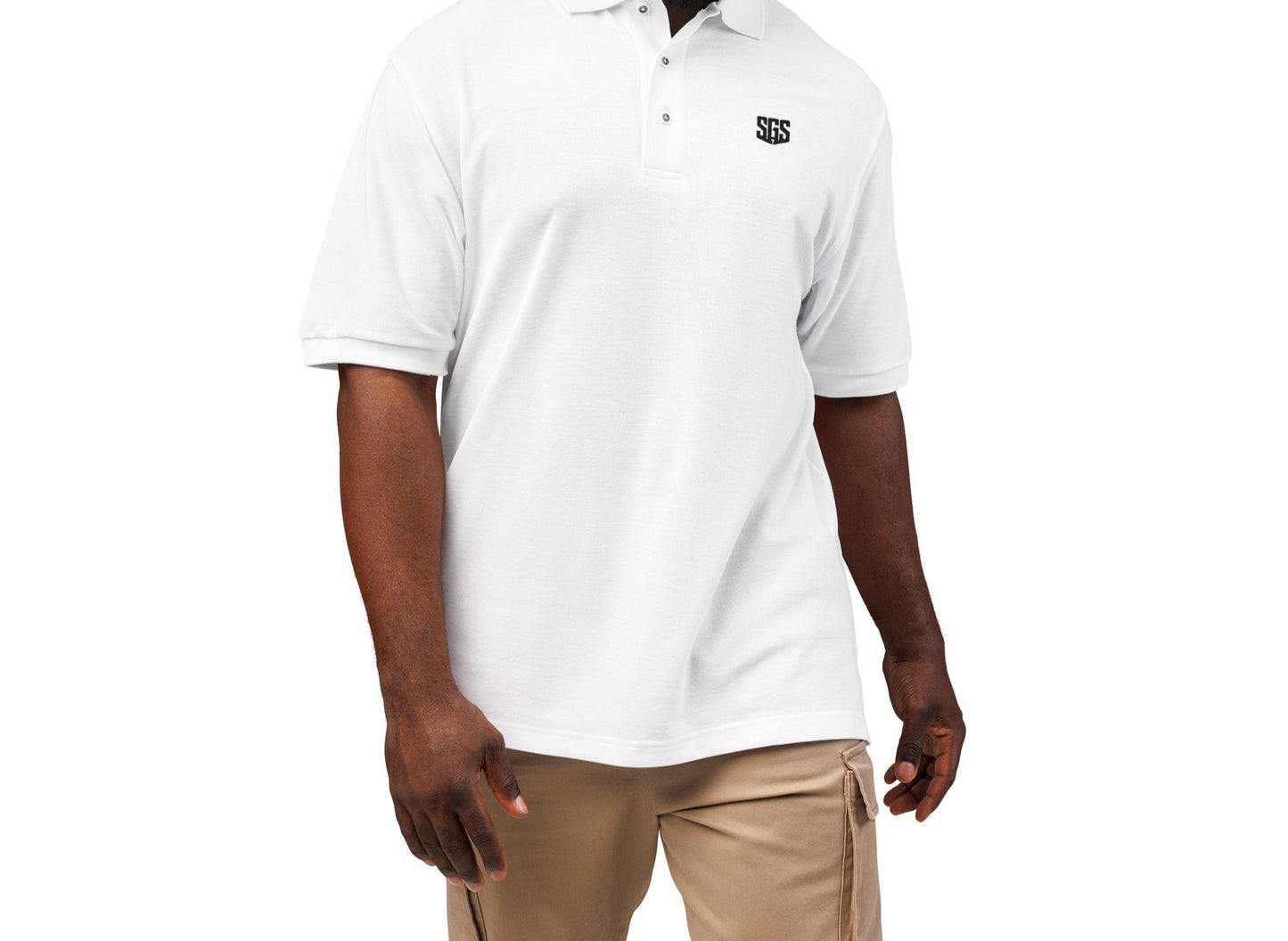Man wearing a white polo shirt with a logo on a white background