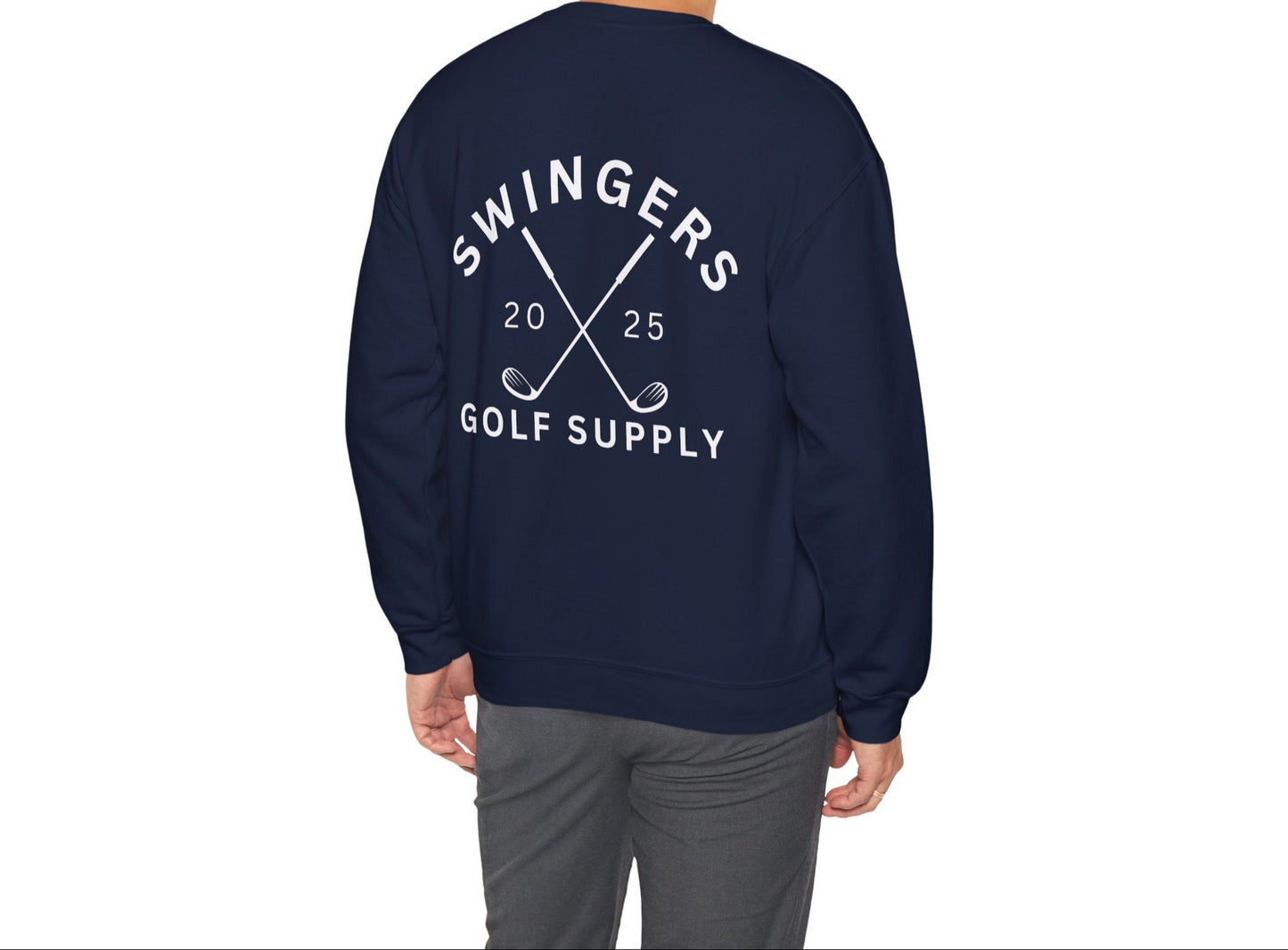 Navy blue sweatshirt with 'Swingers Golf Supply' text on the back, worn by a person.