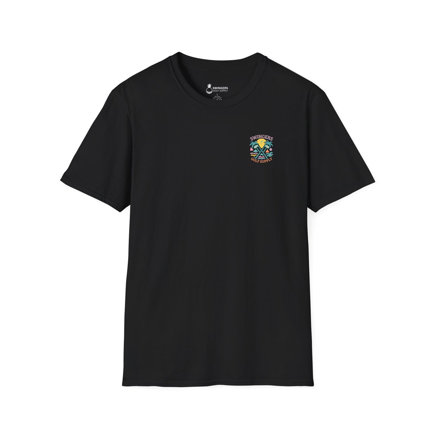 Black t-shirt with a colorful graphic on the chest against a white background