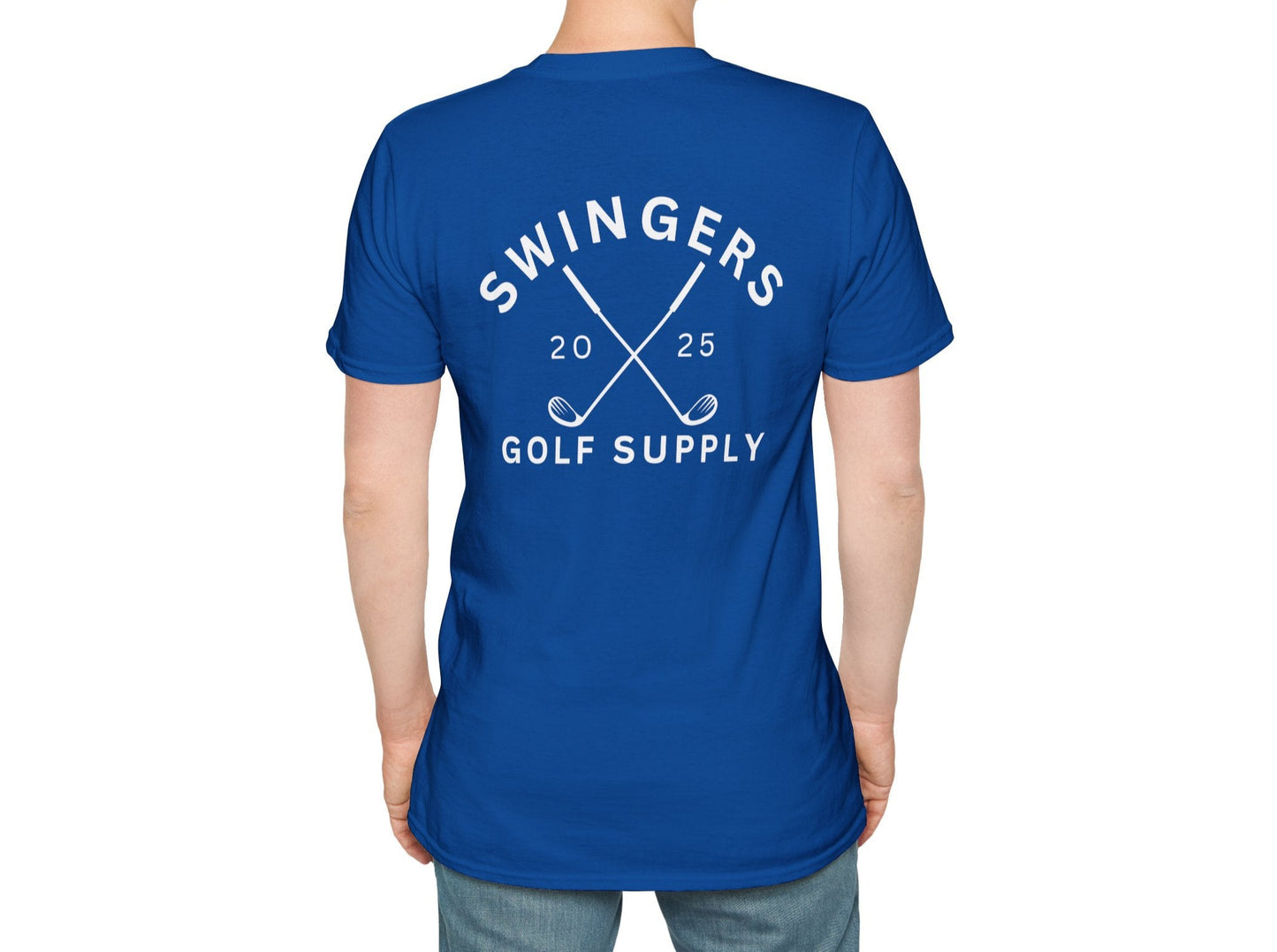 Person wearing a blue t-shirt with 'Swingers Golf Supply' text and design on the back.
