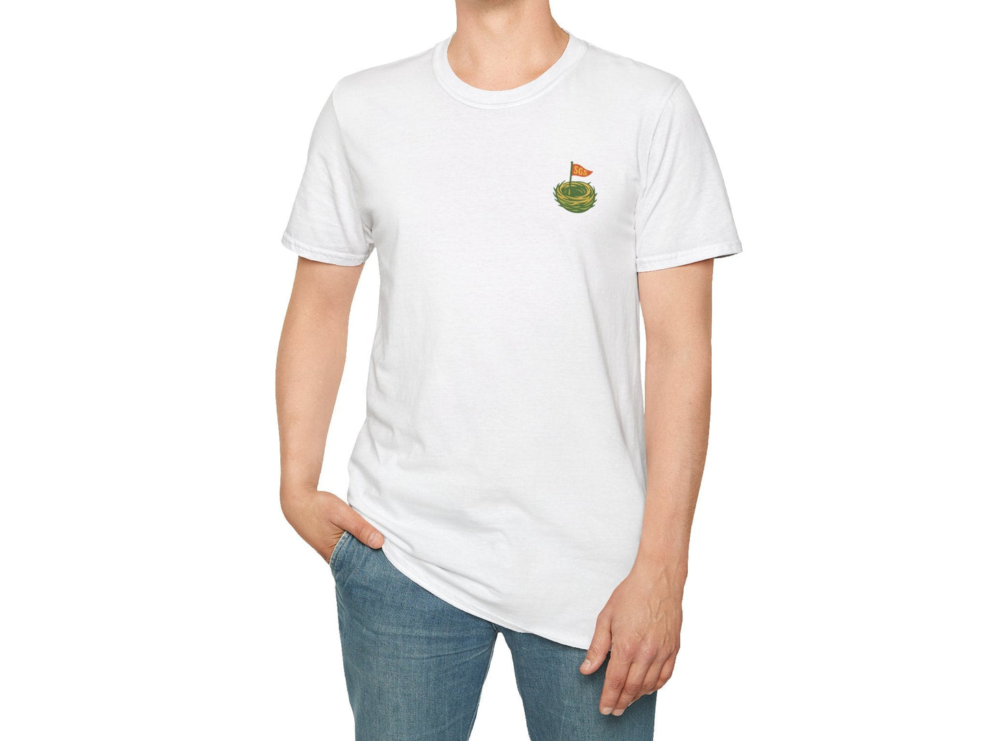 Person wearing a white t-shirt with a small logo on a white background