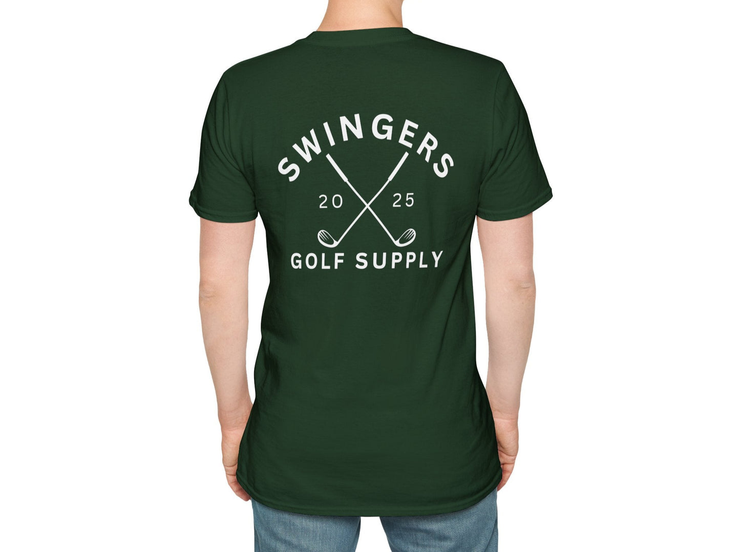 Person wearing a green t-shirt with 'Swingers Golf Supply' text and design on the back.