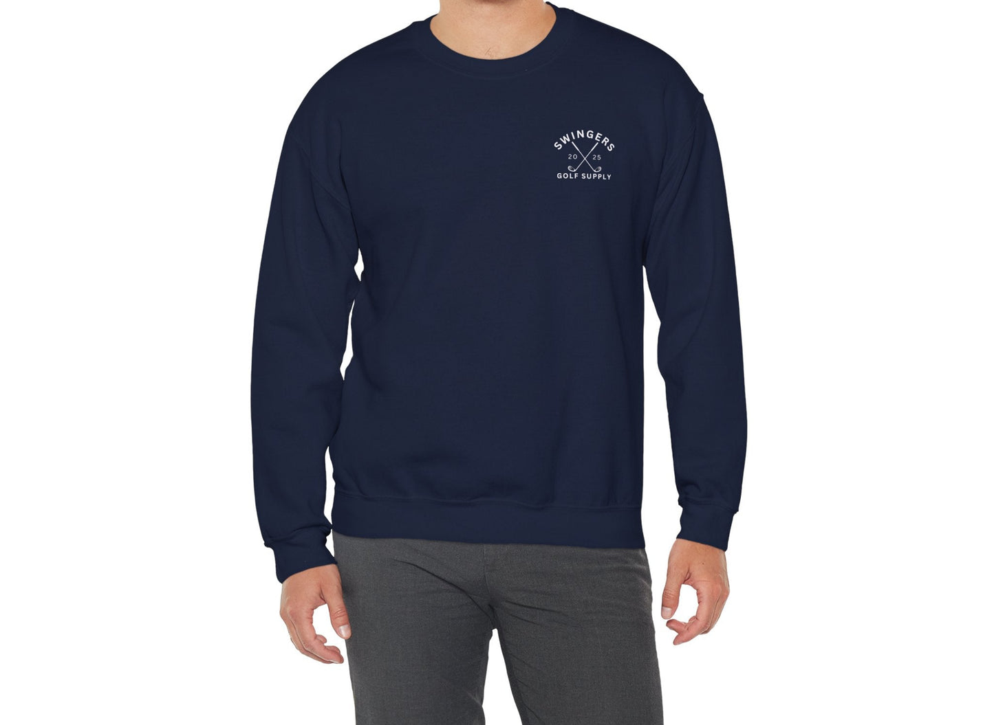 Man wearing a navy blue sweatshirt with a logo on a white background