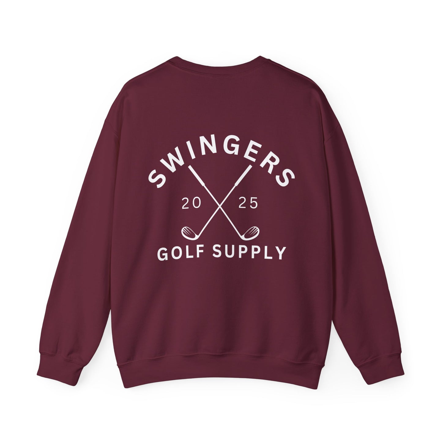 Maroon sweatshirt with 'Swingers Golf Supply' text on the back against a white background