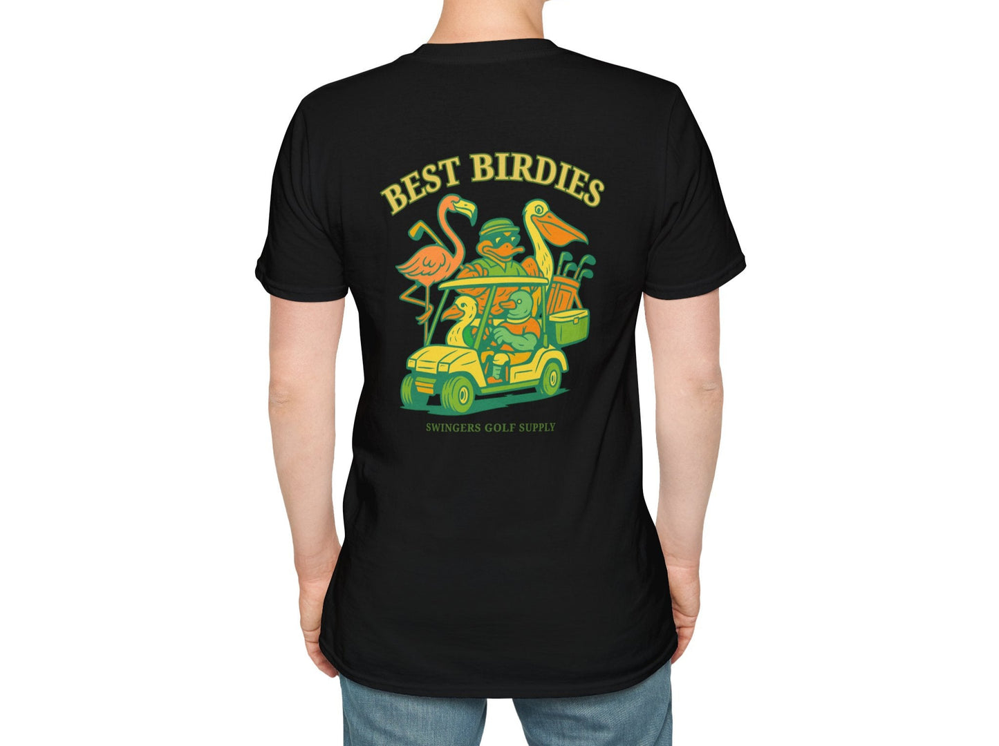 Person wearing a black t-shirt with 'Best Birdies' graphic on the back