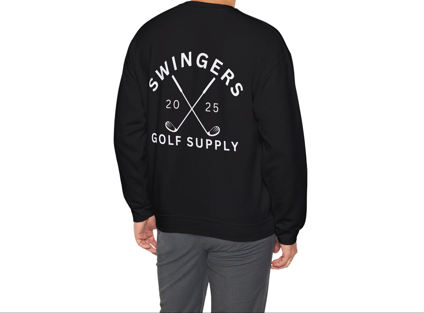 Person wearing a black sweatshirt with 'Swingers Golf Supply' text on the back, standing against a white background.