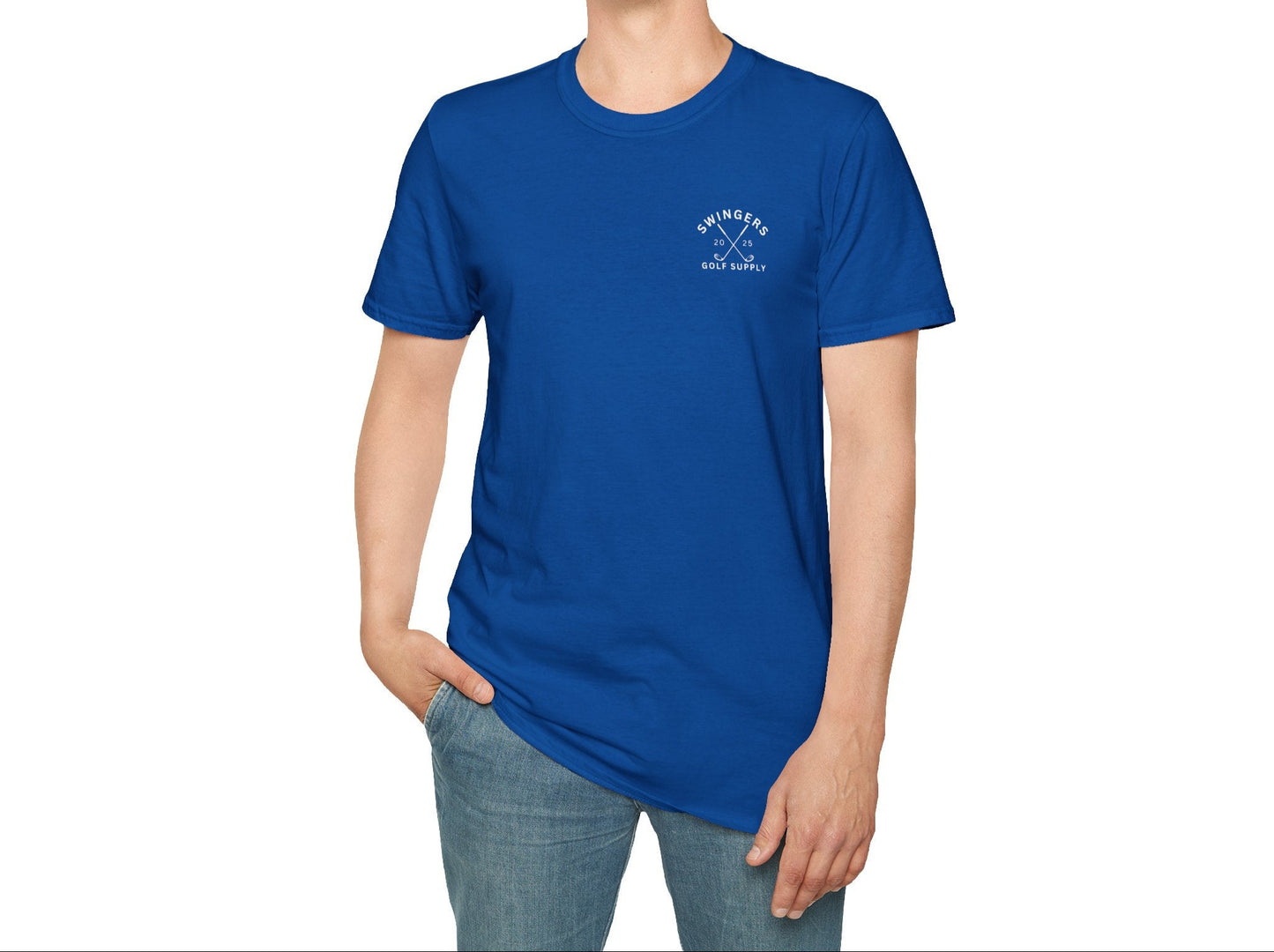 Man wearing a blue t-shirt with a logo on a white background