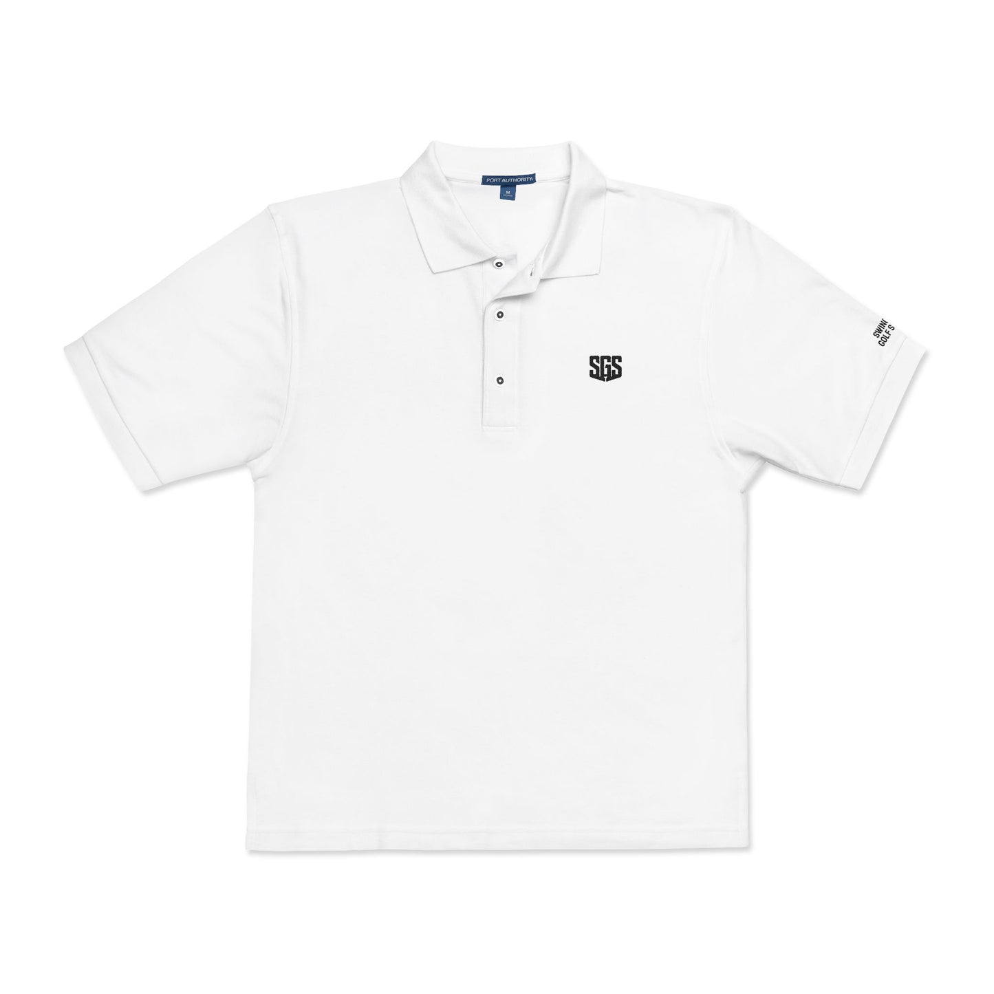 White polo shirt with black logo on a white background