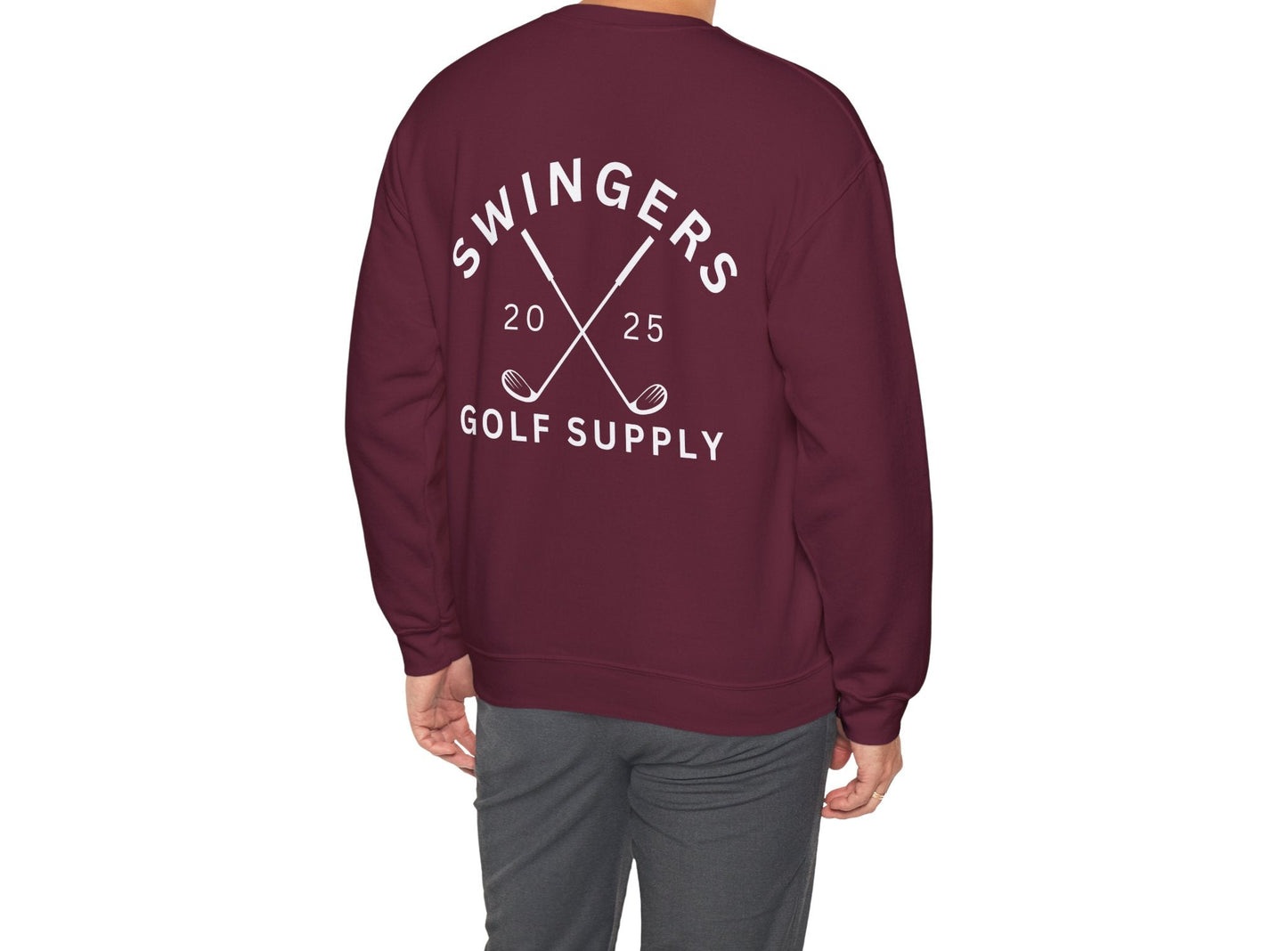 Maroon sweatshirt with 'Swingers Golf Supply' text and design on the back, worn by a person.