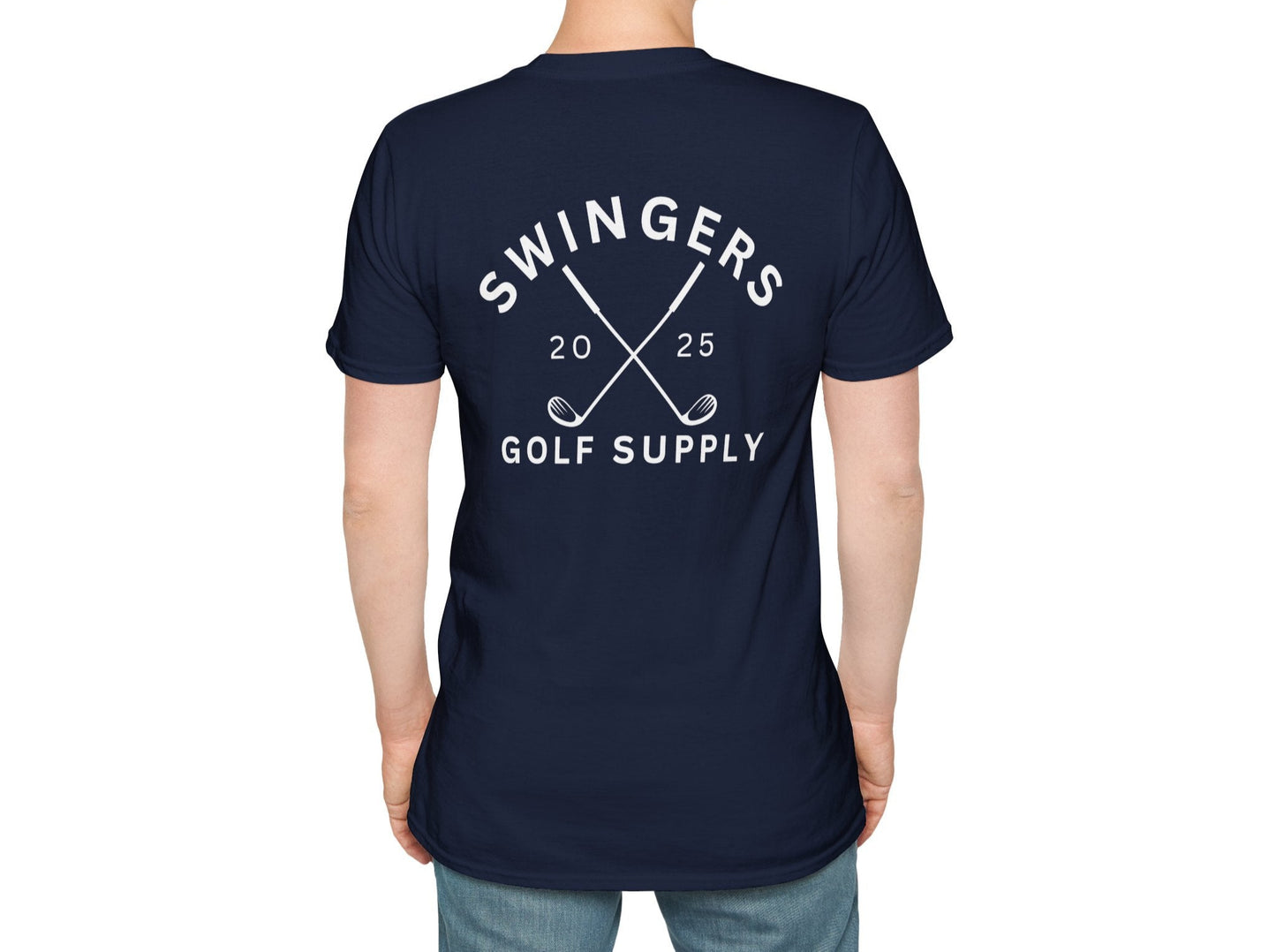 Person wearing a navy blue t-shirt with 'Swingers Golf Supply' text on the back, standing against a white background.