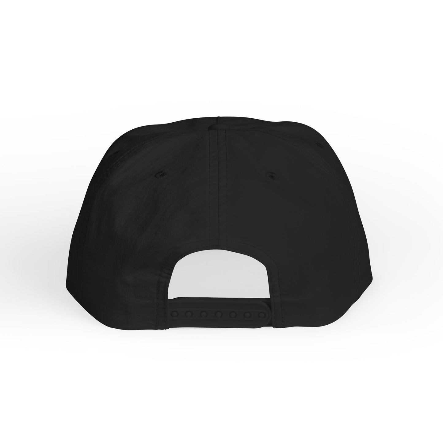 Black cap with a white patch on a white background