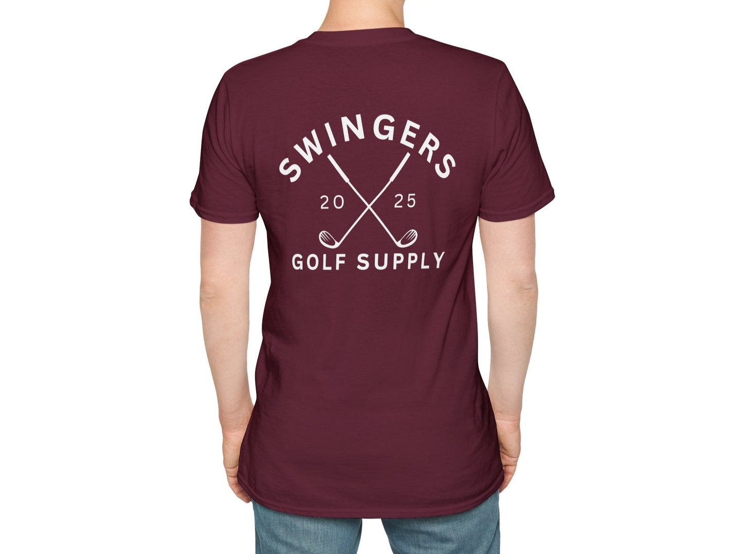 Person wearing a maroon t-shirt with 'Swingers Golf Supply' text and design on the back.