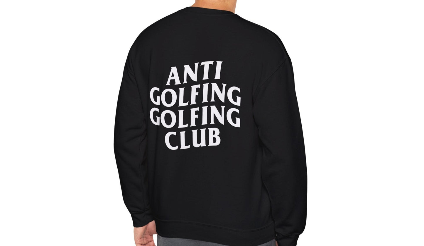 Person wearing a black sweatshirt with 'ANTI GOLFING GOLFING CLUB' text on the back.