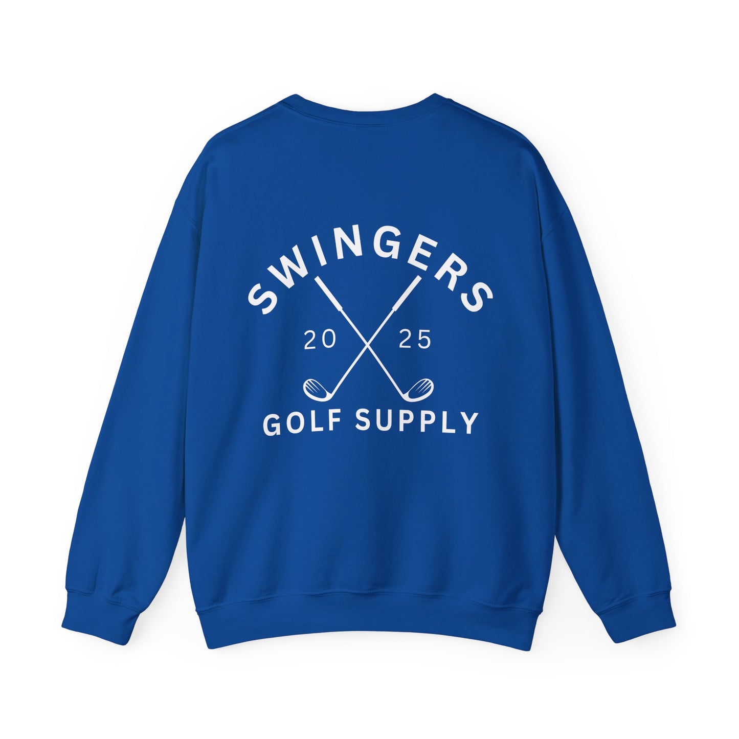 Blue sweatshirt with 'Swingers Golf Supply' text on the back against a white background