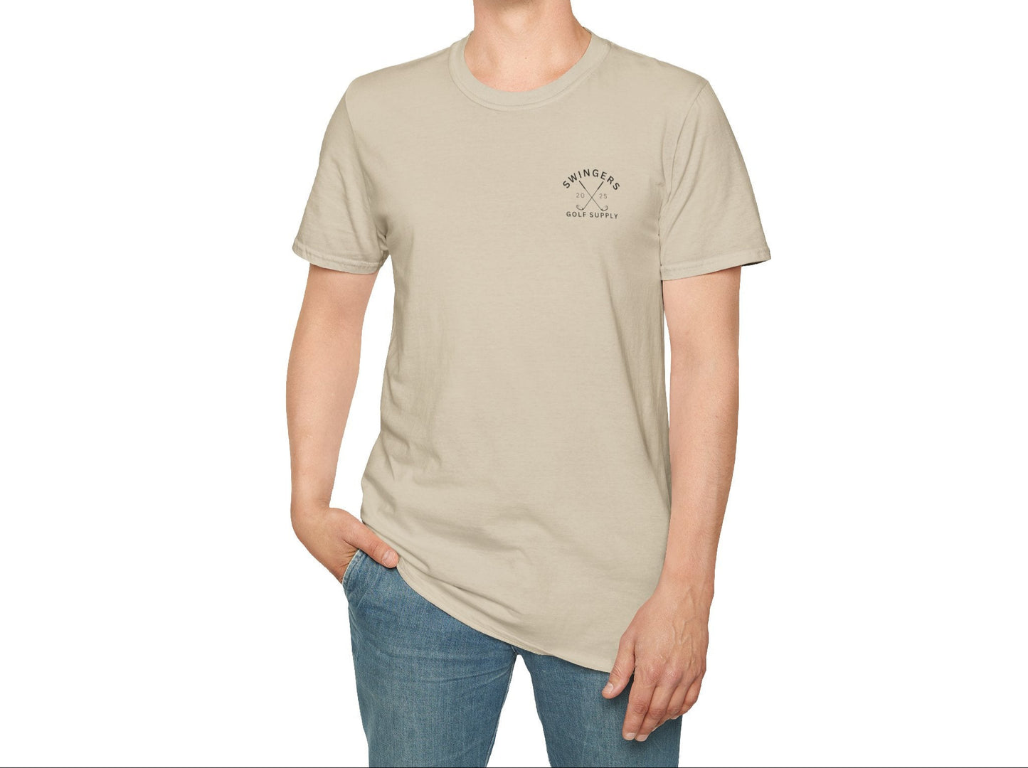 Man wearing a beige t-shirt with a logo on a white background