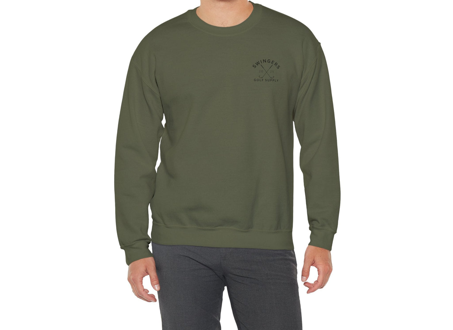 Man wearing a green sweatshirt with a logo on a white background