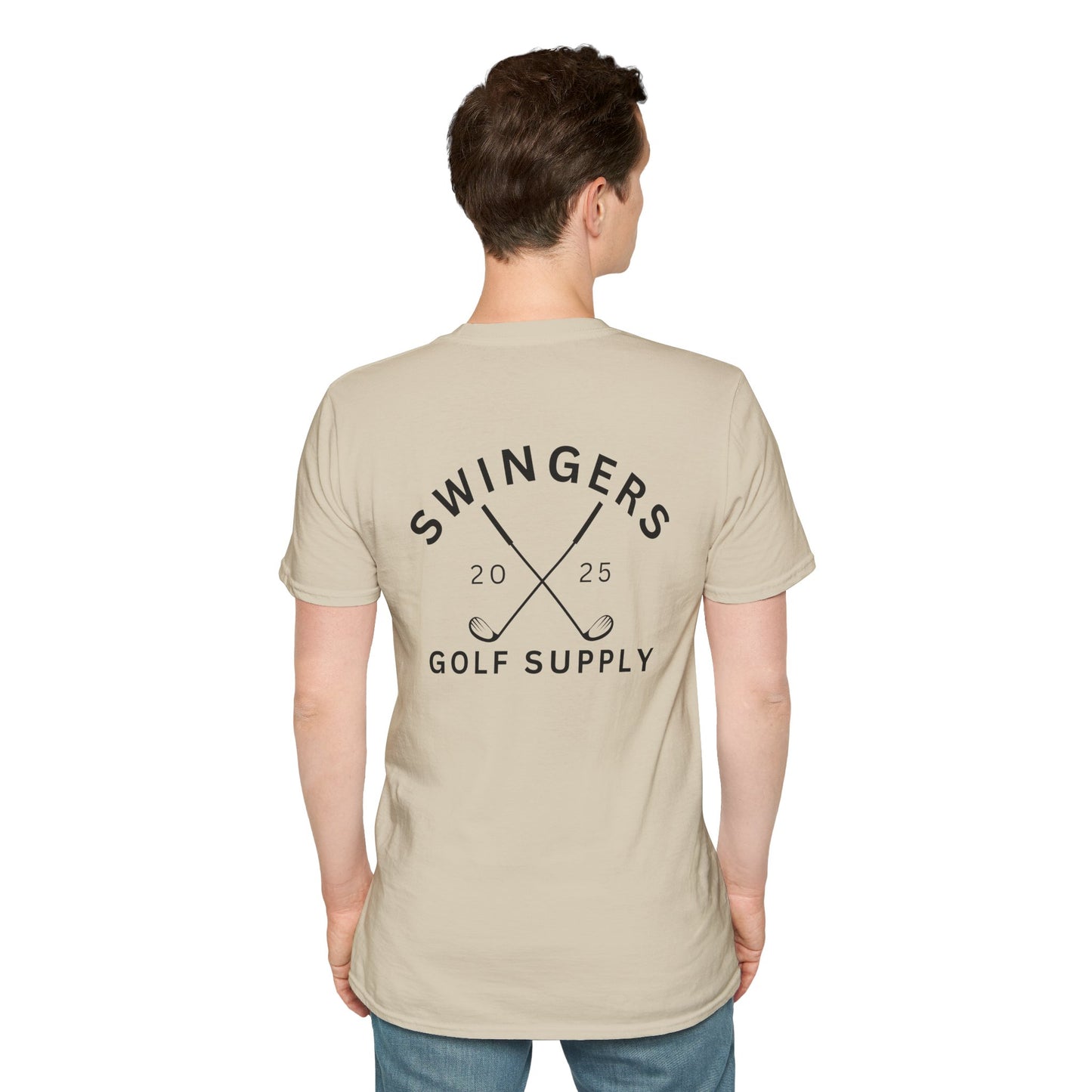 Person wearing a beige t-shirt with 'Swingers Golf Supply' text on the back