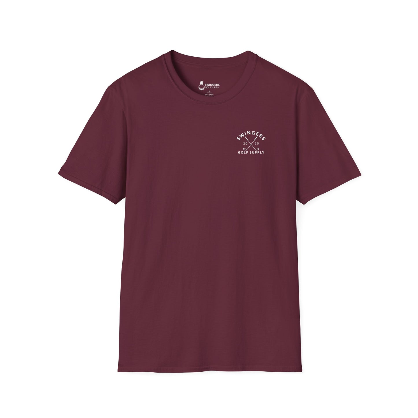 Maroon t-shirt with a logo on a white background