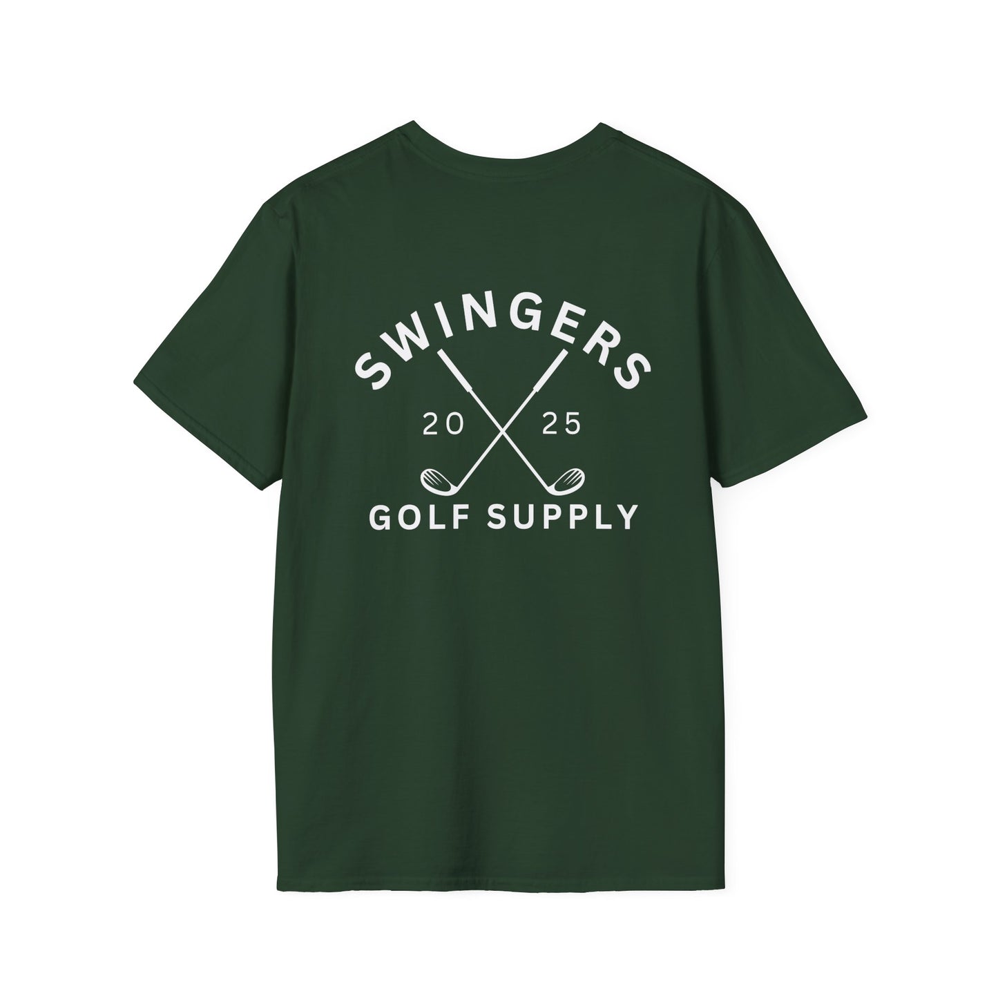 Green t-shirt with 'Swingers Golf Supply' text on a white background