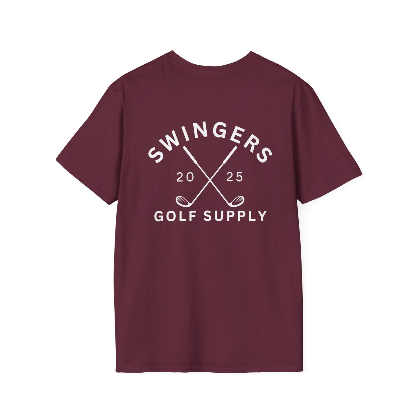 Maroon t-shirt with 'Swingers Golf Supply' text on a white background