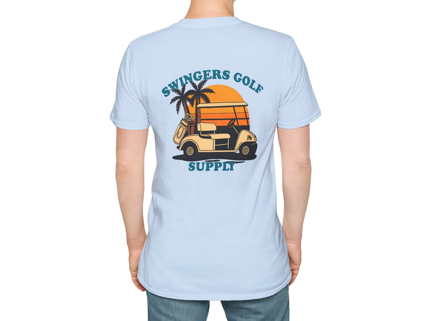 Person wearing a light blue t-shirt with 'Swingers Golf Supply' graphic on the back.
