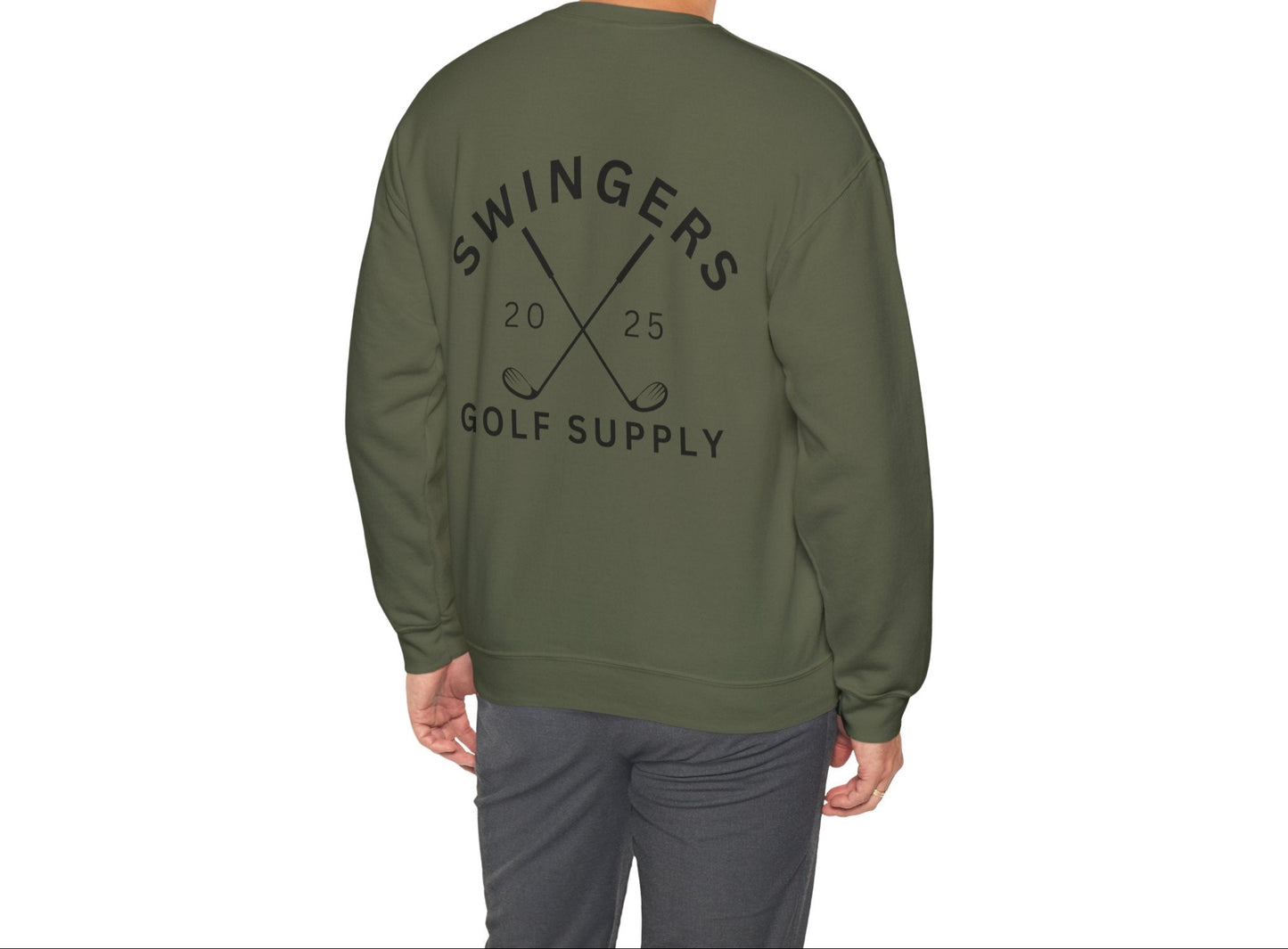 Person wearing a green sweatshirt with 'Swingers Golf Supply' text and design on the back.