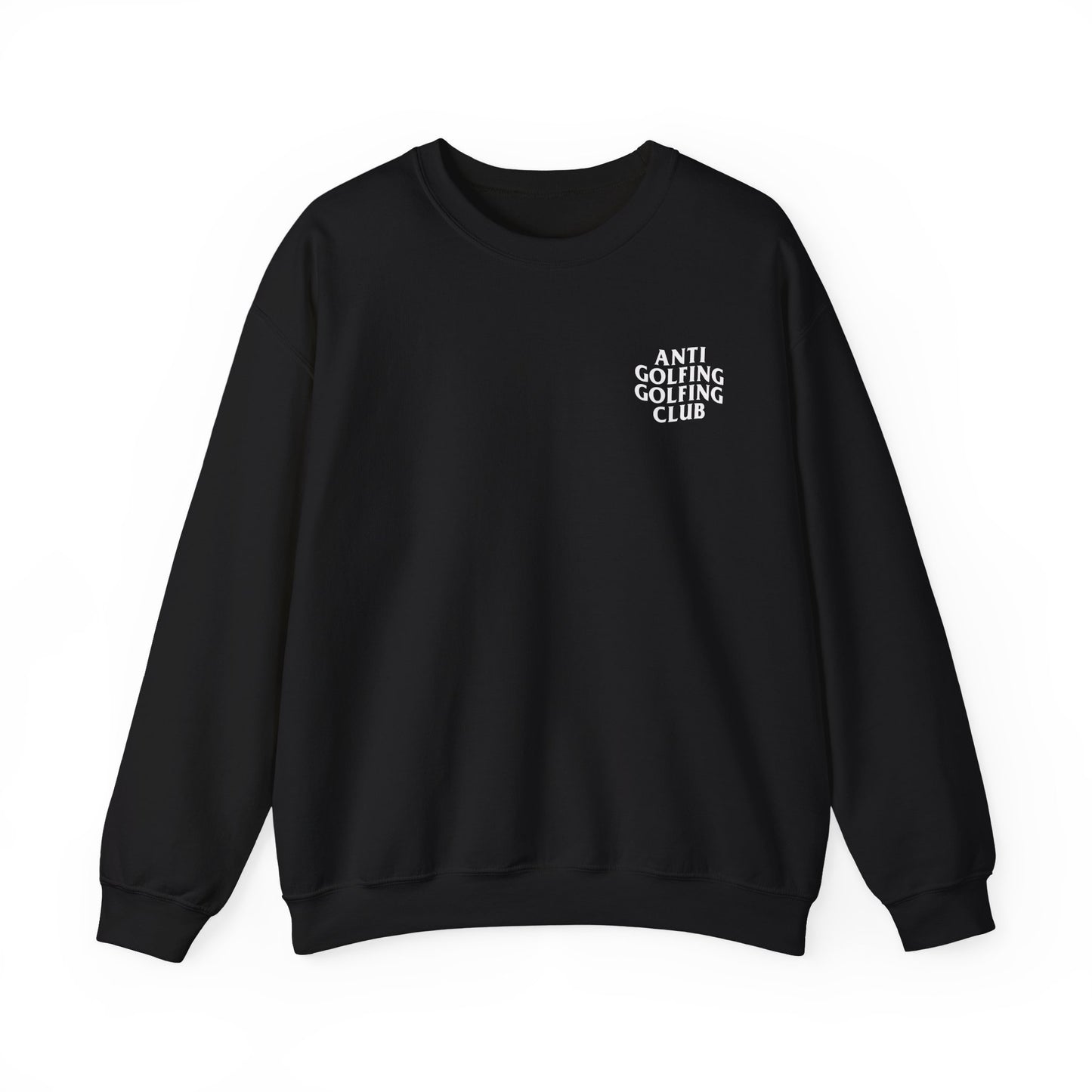 Black sweatshirt with 'Anti Golfing Golfing Club' text on a white background