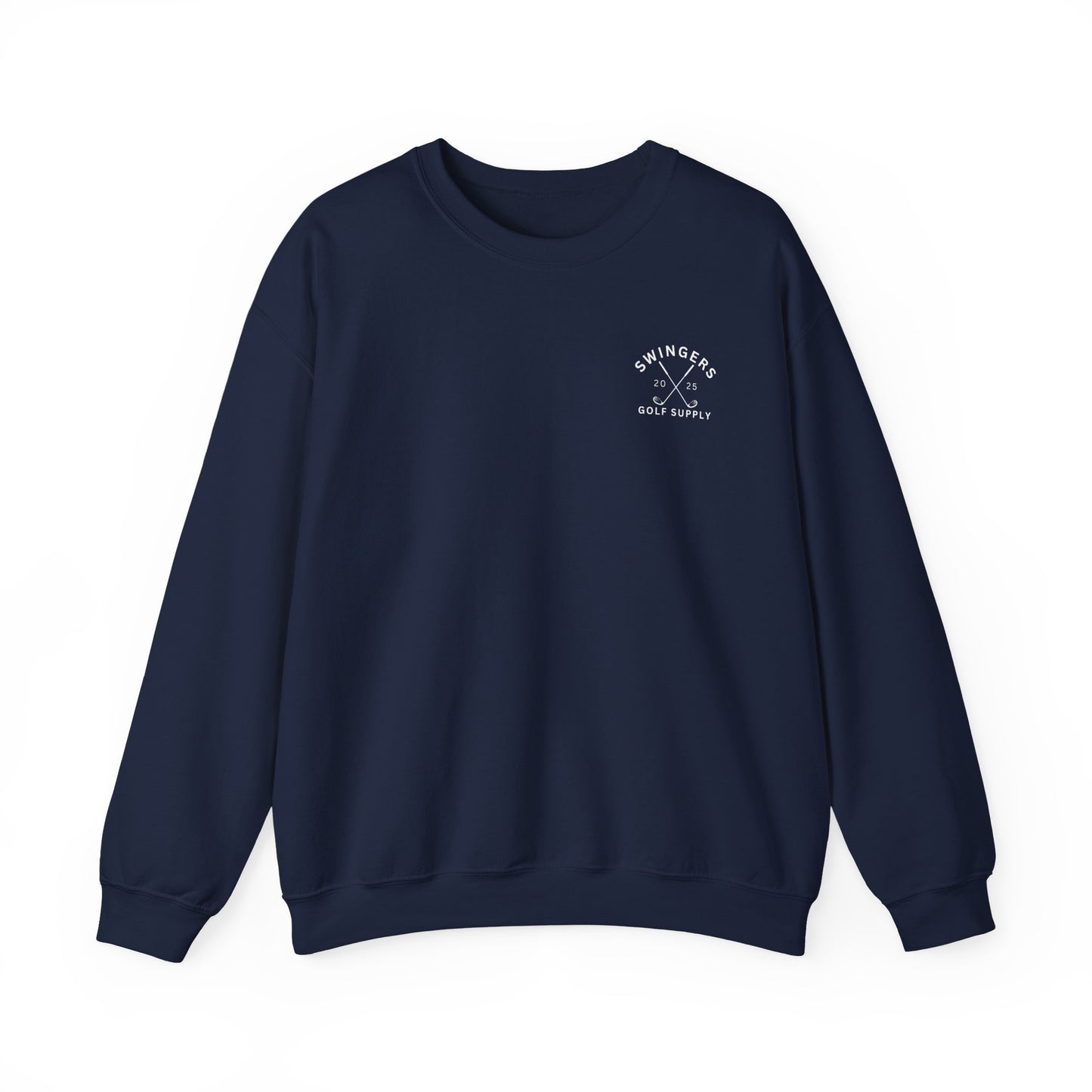 Navy blue sweatshirt with a white logo on a white background