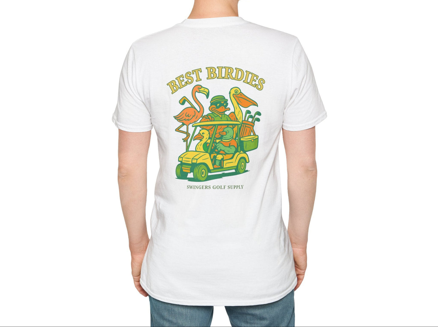 Person wearing a white t-shirt with a colorful graphic and text on the back, standing against a white background.