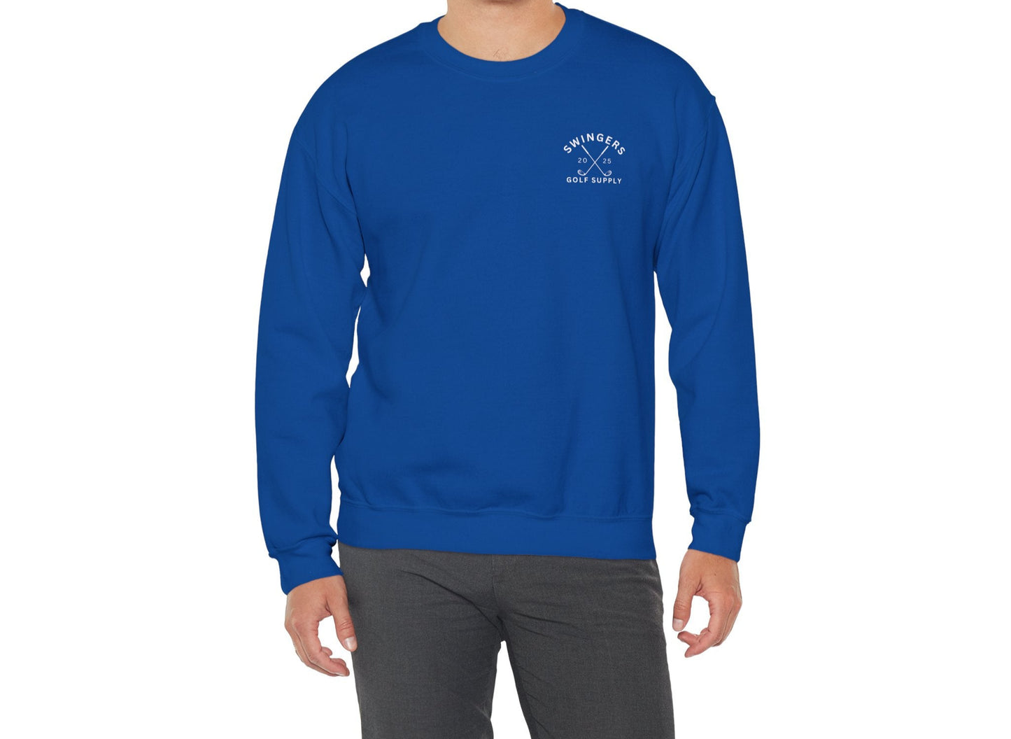 Man wearing a blue sweatshirt with a logo on a white background